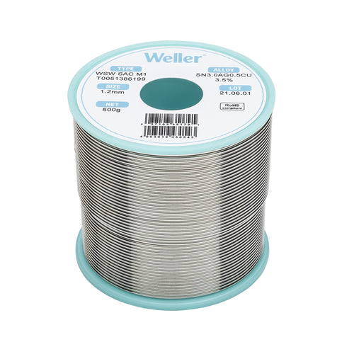 Weller Lead Free Solder Wire WSW SAC M1 (T0051386199), Dia: 1.2 mm / 0.047 in, Wt: 500 g / 17.637 oz, Alloy Sn96.5Ag3.0Cu0.5, Flux content 3.5%