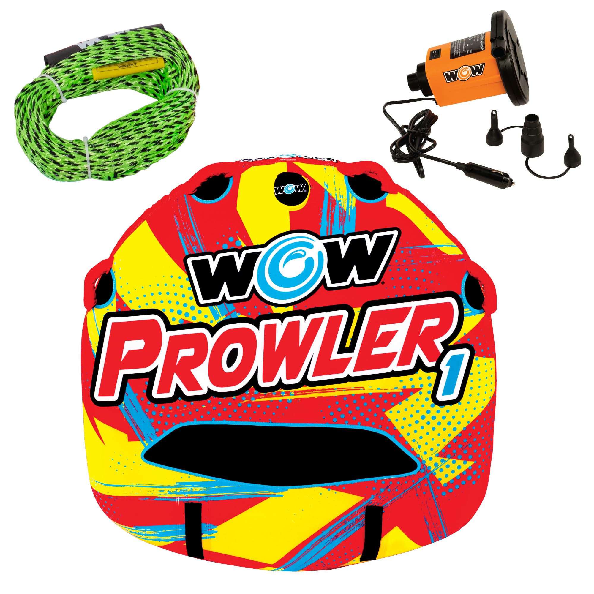 Prowler WOW Sports Starter Kit, 1 Person Boating Tube, 12v High Speed Air Pump, & 1K Tow Rope