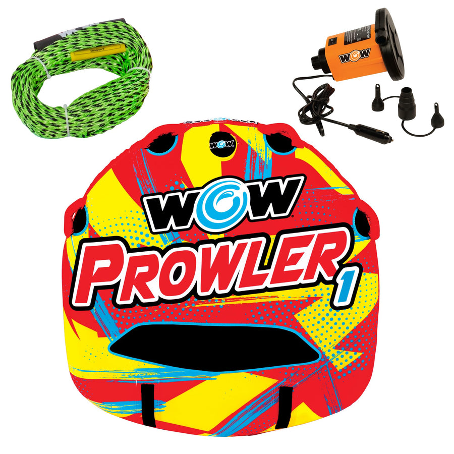 Prowler WOW Sports Starter Kit, 1 Person Boating Tube, 12v High Speed Air Pump, & 1K Tow Rope