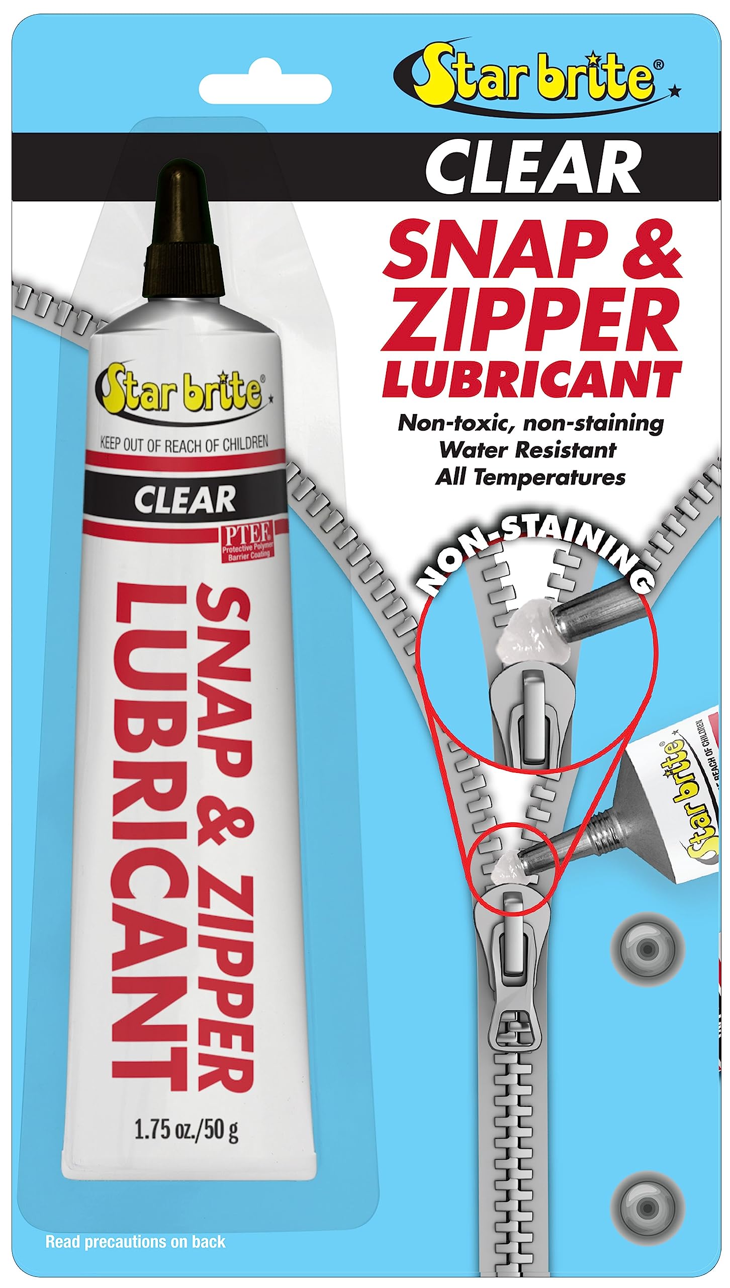 STAR BRITE Lubricant Snap & Zipper - Clear, Non-staining for Clothes, Jeep Tops, Wetsuits, Dive Suits, Gear Bags, Coolers, Biminis, Cushion Covers & More 1.75 OZ (089102)