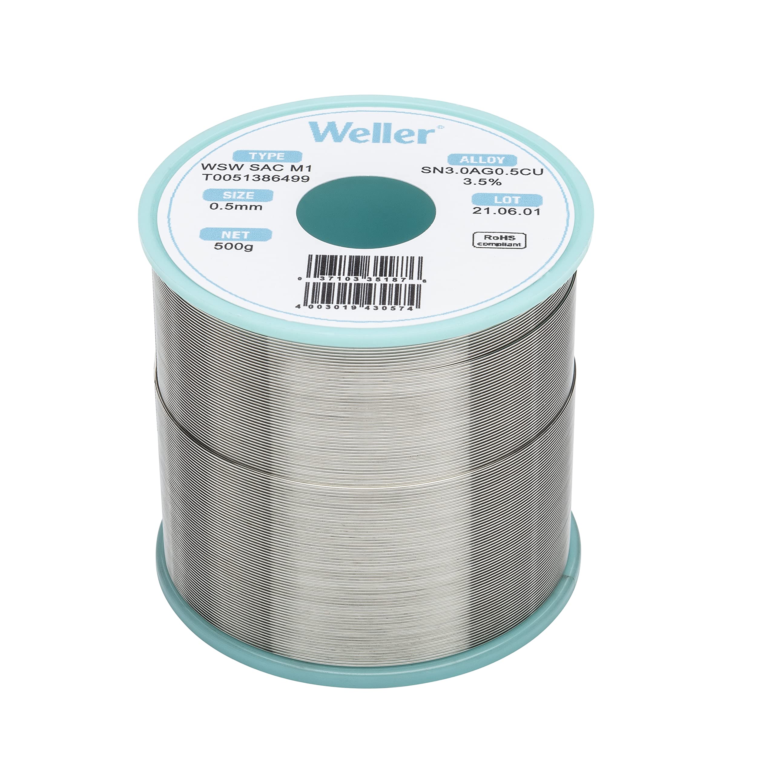 Weller Lead Free Solder Wire WSW SAC M1 (T0051386499), Dia: 0.5 mm / 0.020 in, Wt: 500 g / 17.637 oz, Alloy Sn96.5Ag3.0Cu0.5, Flux content 3.5%