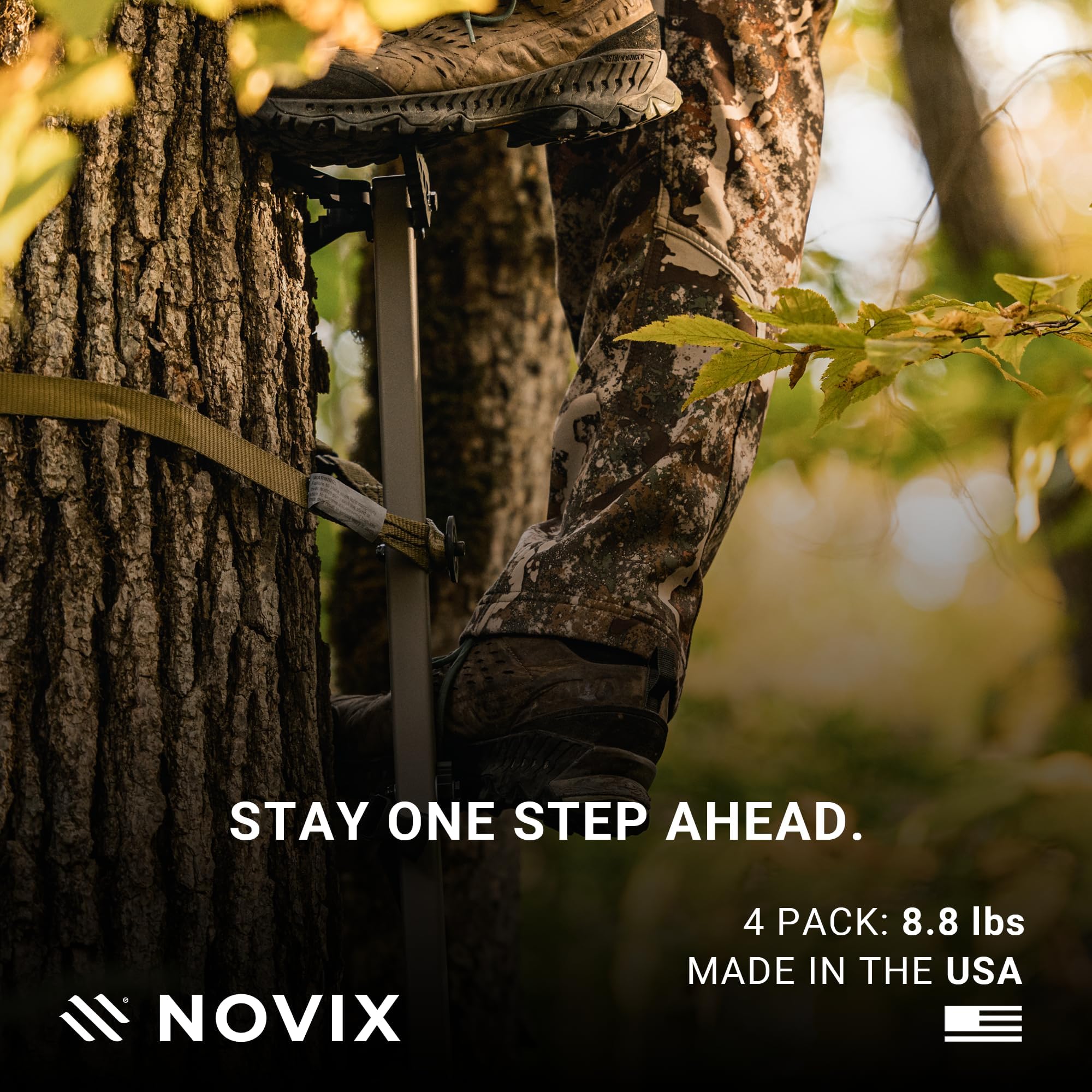 Single-Step NOVIX Tree Climbing Sticks (4 Pack) - 32” Aluminum Climbing Sticks w/VersaStraps - Tree Stand Climbing Sticks. Level on Crooked Trees for treestand Hunting - Made in USA - Classic