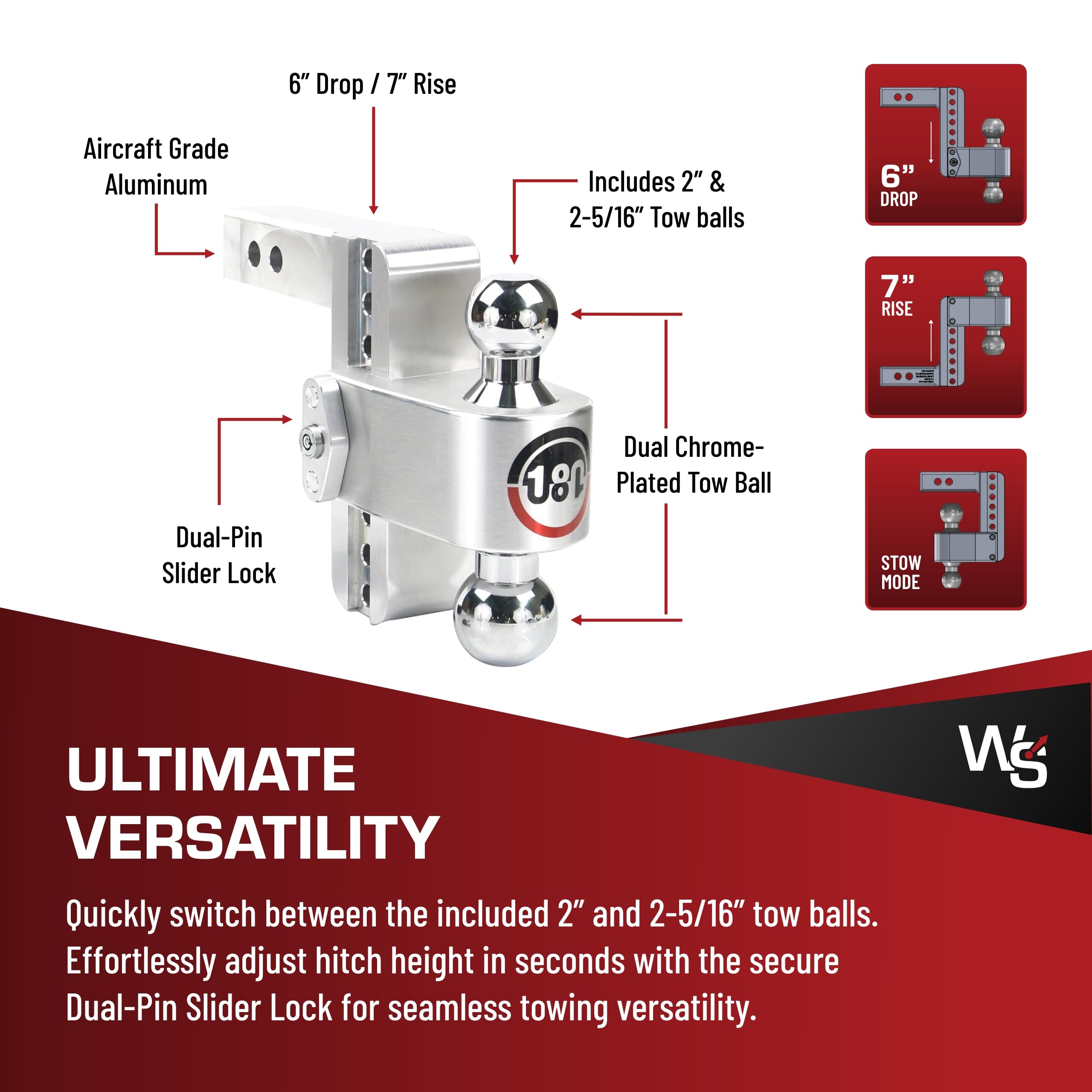 Weigh Safe Adjustable Hitch Trailer Ball Mount, 6" Adjustable Drop Hitch for 2" Receiver w/ 2 pc Keyed Alike Lock Set, Heavy Duty Aluminum Trailer Tow Hitch w/ Chrome Plated Tow Balls, 12,500 lbs GTW