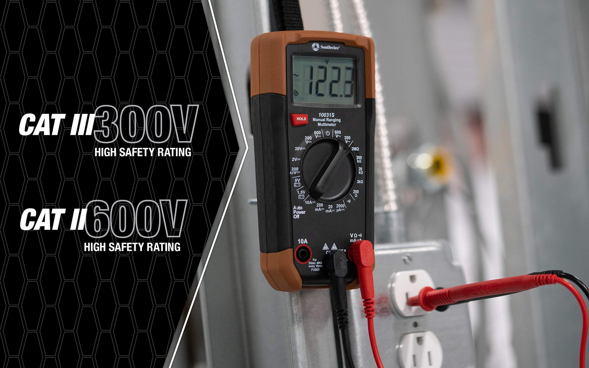 Multimeter Southwire Manual Range - 7 Functions & 19 Ranges - Double-Molded Rugged Housing - Battery Test - CAT III 300V Safety Rating