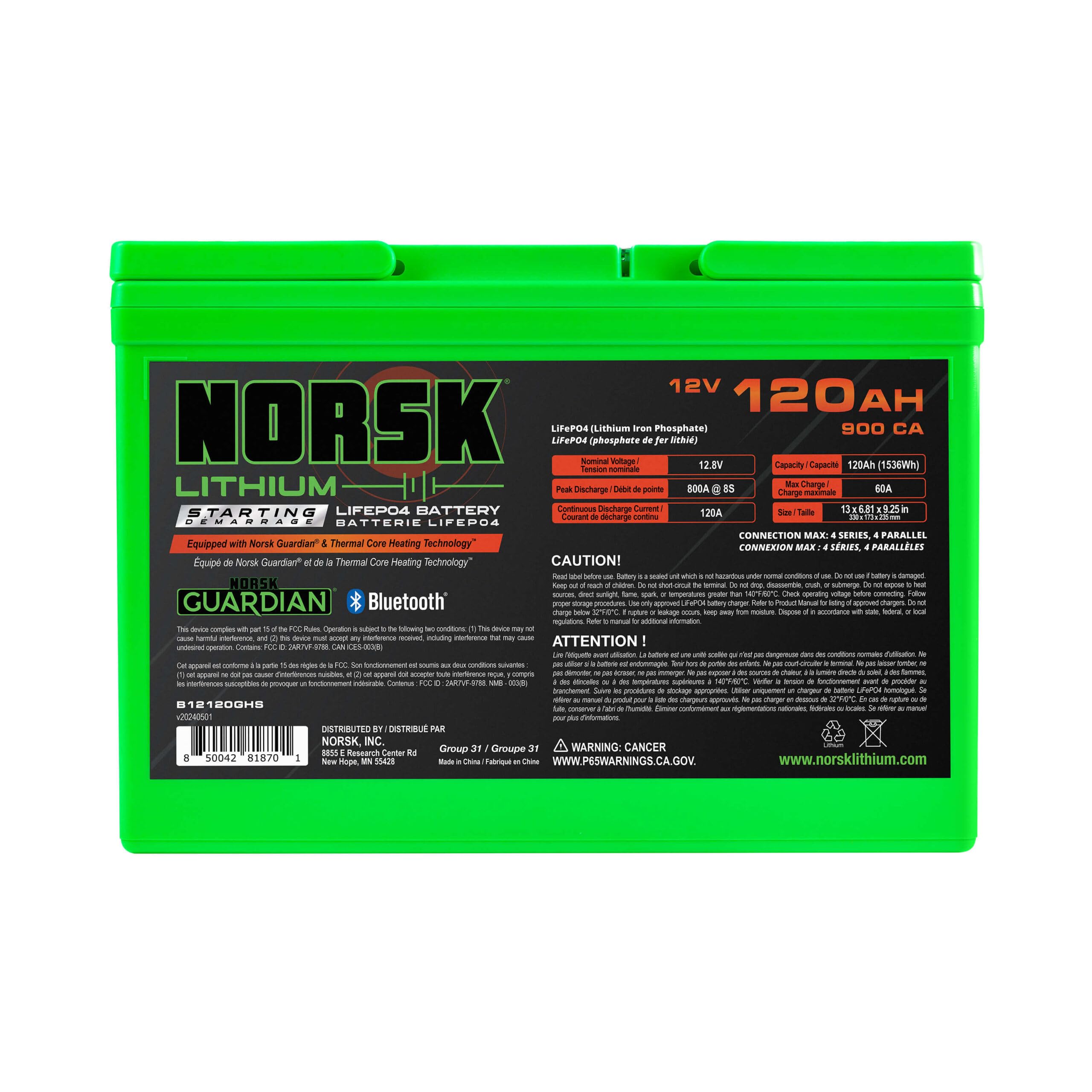 12V Norsk Lithium 120AH Heated Marine Lithium Cranking Battery | 900 CCA | LiFePO4 | Triple Terminals | Emergency Start Reserve | Deep Sleep | Bluetooth | 10+2 Year Warranty