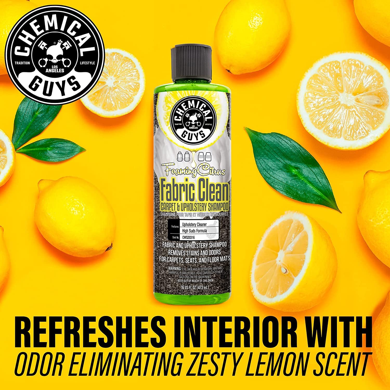 Chemical Guys Citrus Foaming Fabric Clean, Carpet and Upholstery Cleaner - Car Carpet Cleaner for Seats, and Floor Mats, Safe for Home, Office & More, Citrus Scent - 16 oz