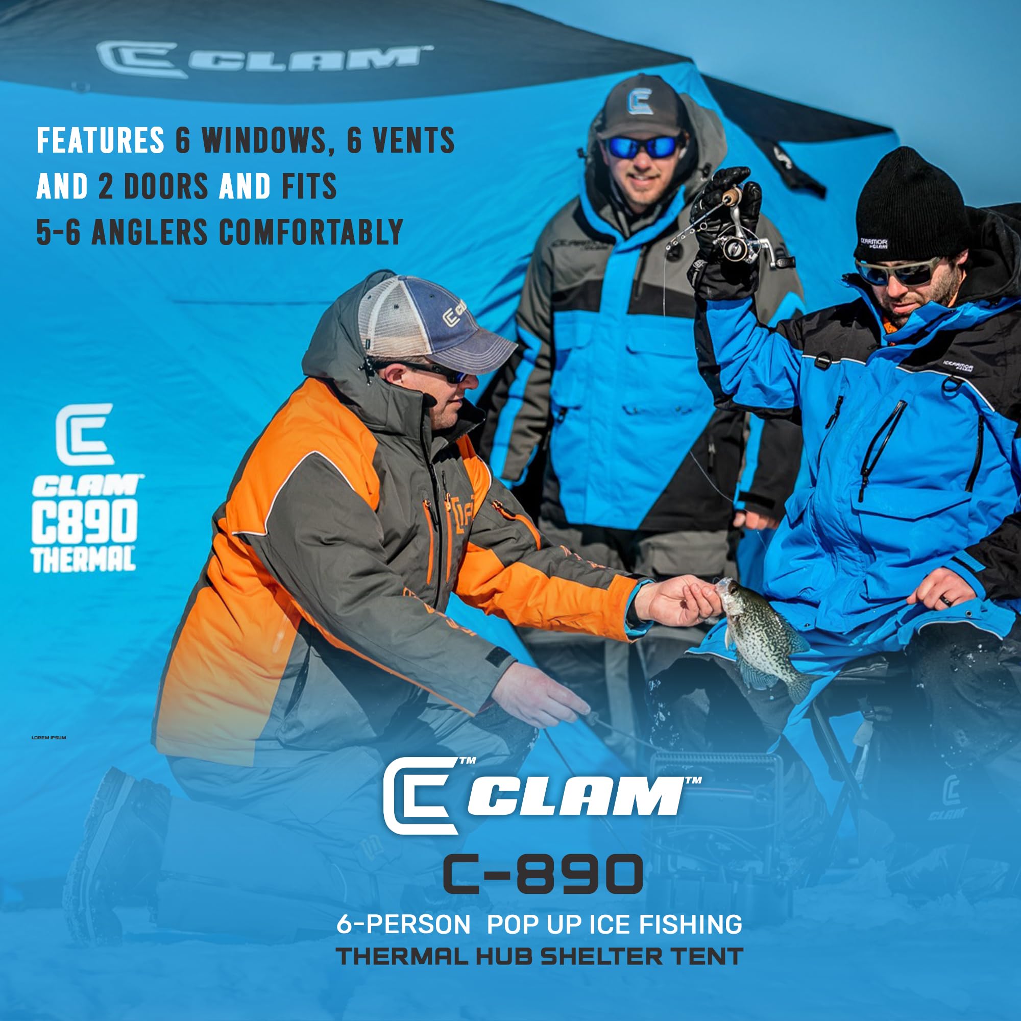Portable CLAM C-890 Ice Fishing Tent - 11.5x11.5 ft Thermal Hub Shelter with Easy Setup Anchors, Durable Tie Ropes & Carry Bag