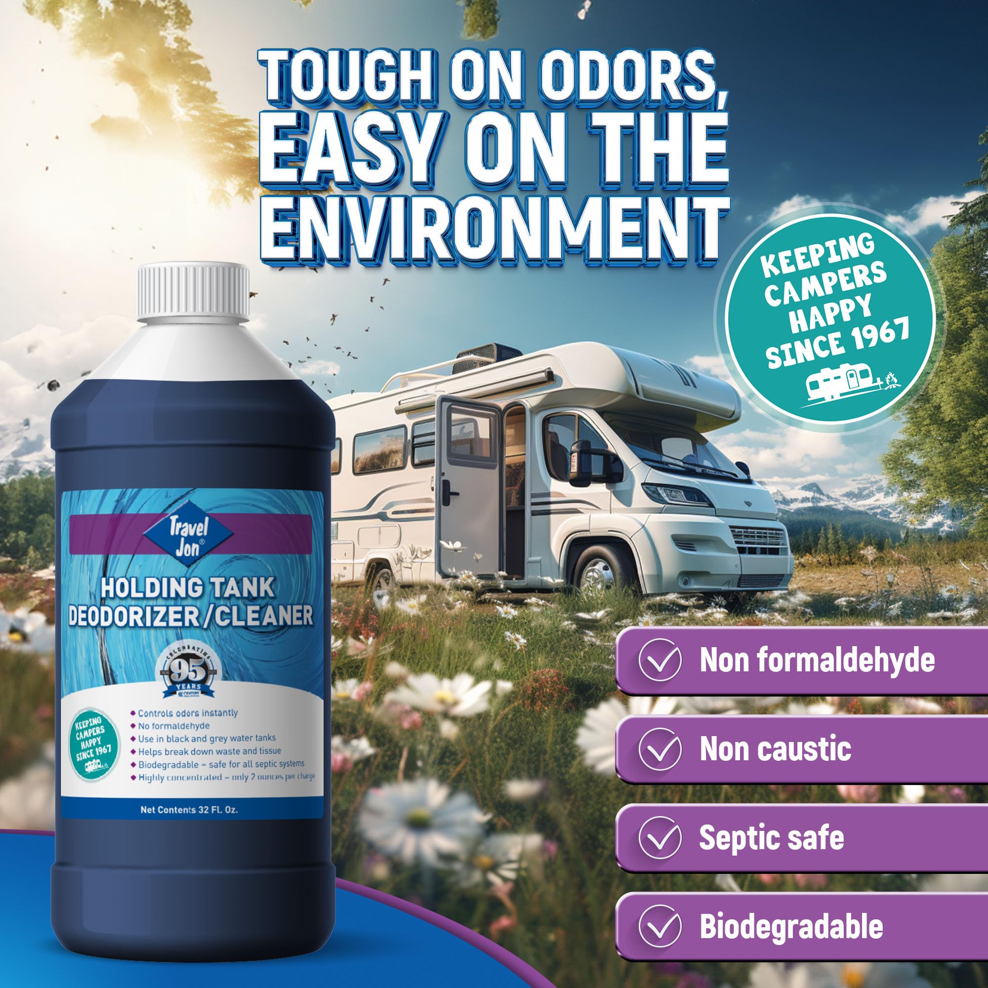 Travel Jon Black & Grey Water Tank Treatment RV, Powerful Deodorizer/Waste Digester, Waste Tank Odor Eliminator, Breaks Down Sludge, Tissue | Fresh Scent - (32 oz)