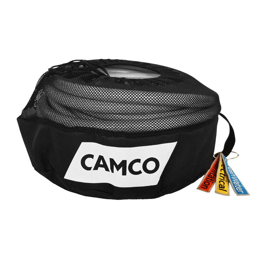 Camco Storage Bag Camper & RV Equipment - Features Lined Interior w/Breathable Mesh Top & Barrel Lock Clasp - Includes 3 ID Tags for RV Storage and Organization - 16” in Diameter x 10” Deep (53097)