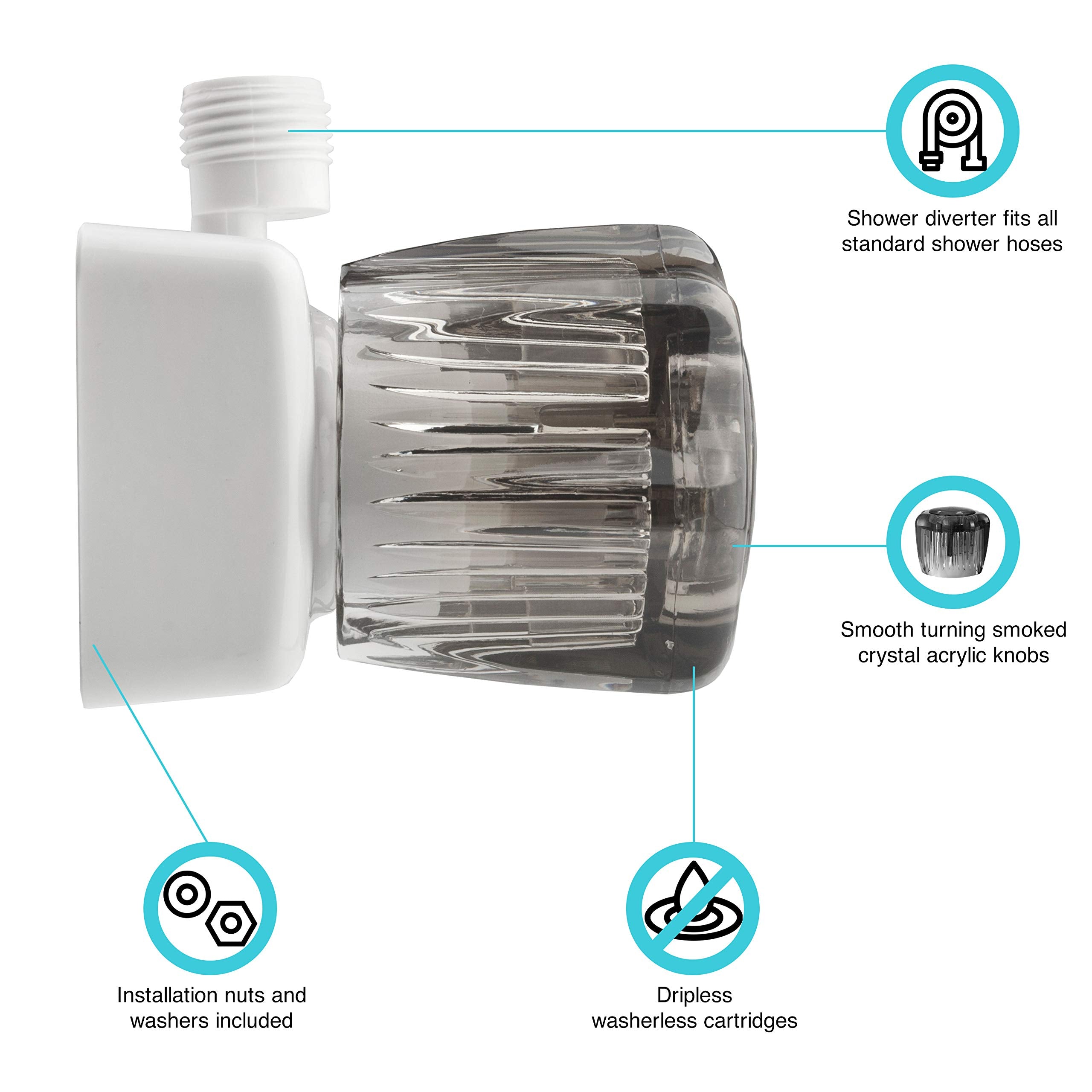 Dura Faucet RV/Motorhome/Trailer DF-SA100S-WT Shower Faucet Valve Diverter with Smoked Acrylic Knobs (White)