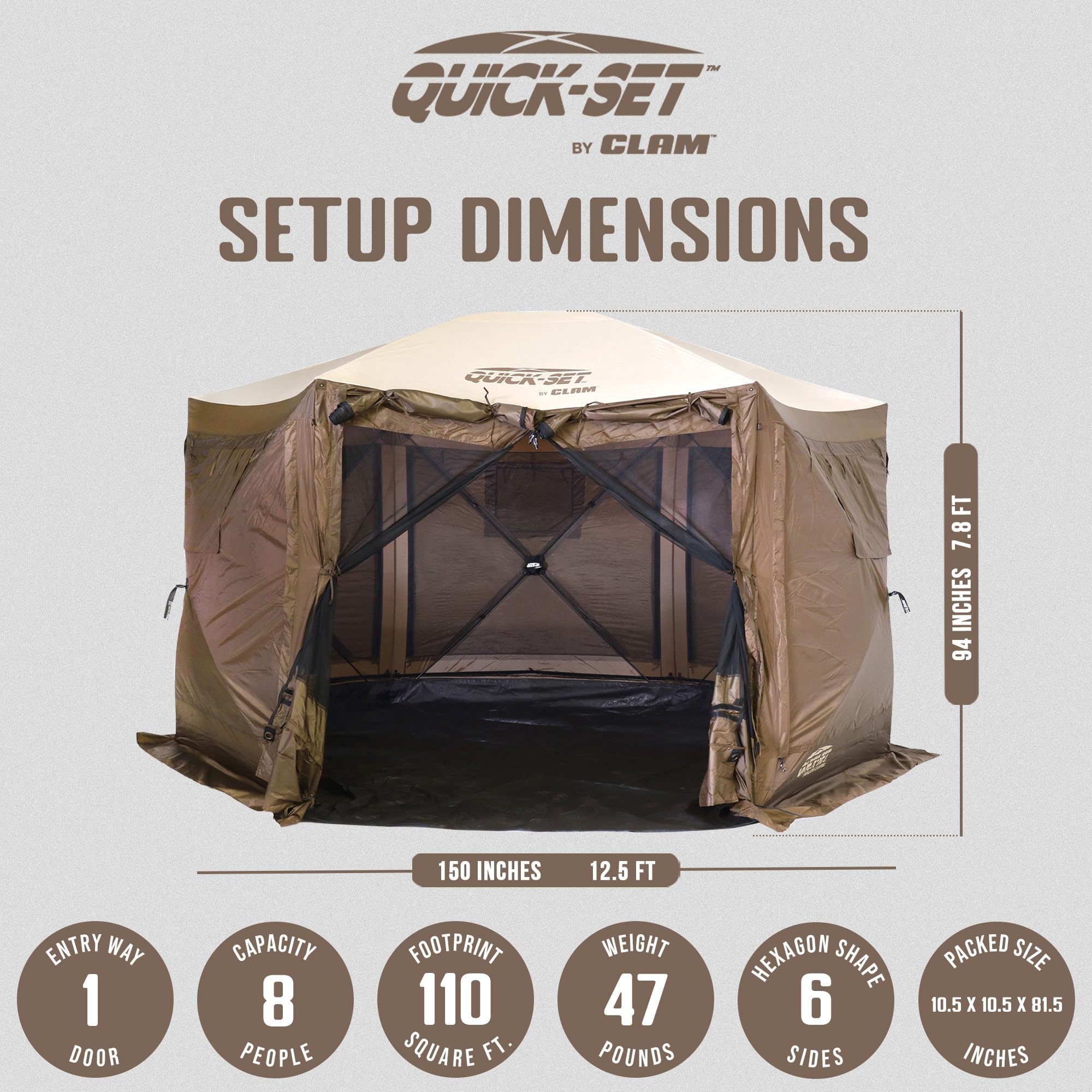 Clam Quick-Set Pop Up Screen Tent & Shelter, Outdoor Camping Gazebo Canopy, 12.5', Brown