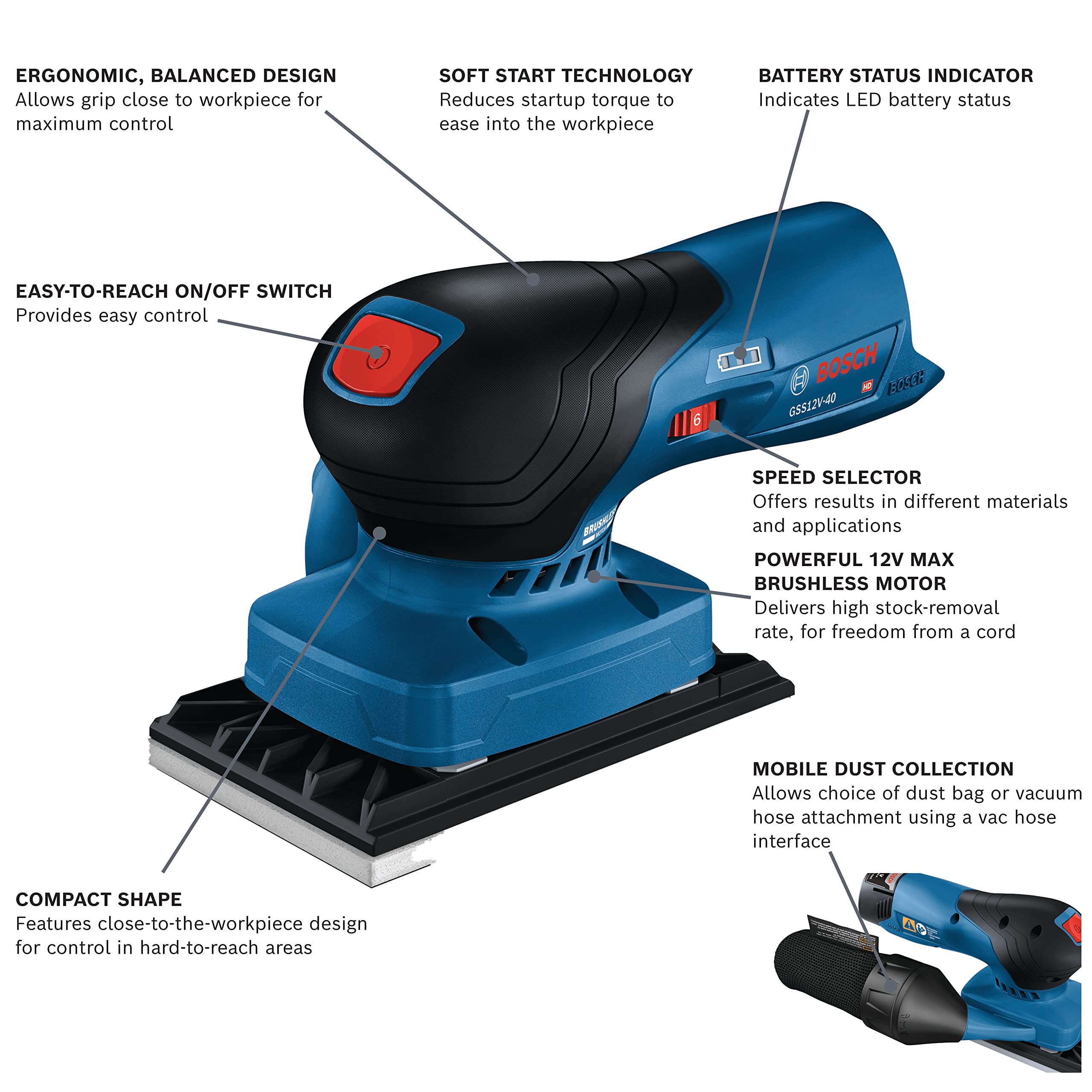 12V Max BOSCH GSS12V-40N Brushless Orbital Finishing Sander With Dust Bag, 1/4 and 1/3 Sheet (Bare Tool)