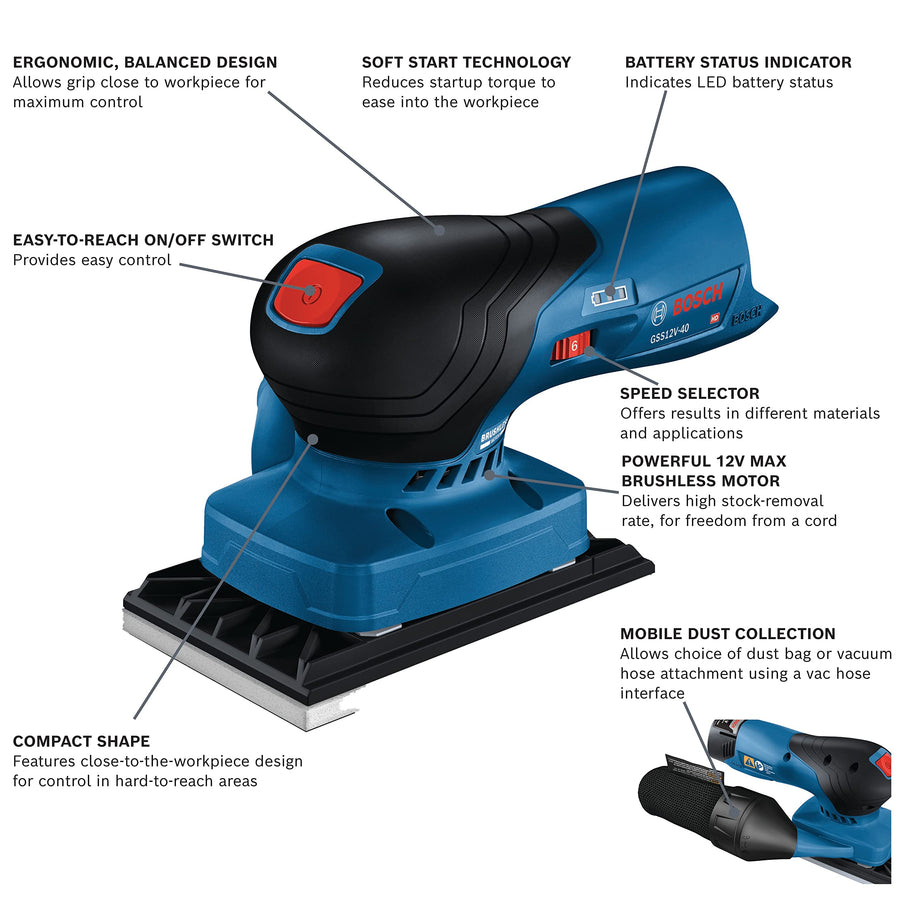 12V Max BOSCH GSS12V-40N Brushless Orbital Finishing Sander With Dust Bag, 1/4 and 1/3 Sheet (Bare Tool)