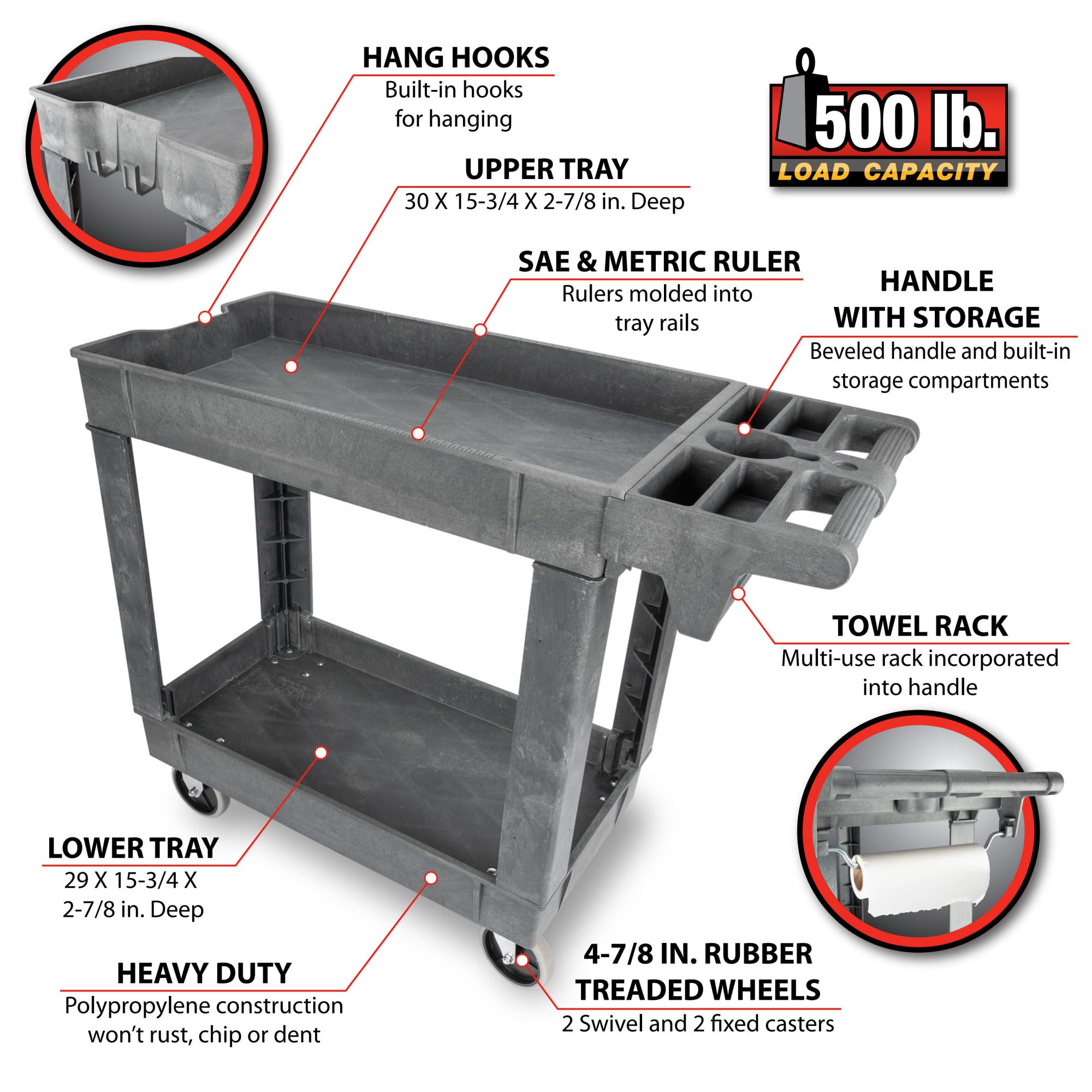 Easy Rolling Performance Tool W53991 2 Shelf Poly Service Cart (30x16)