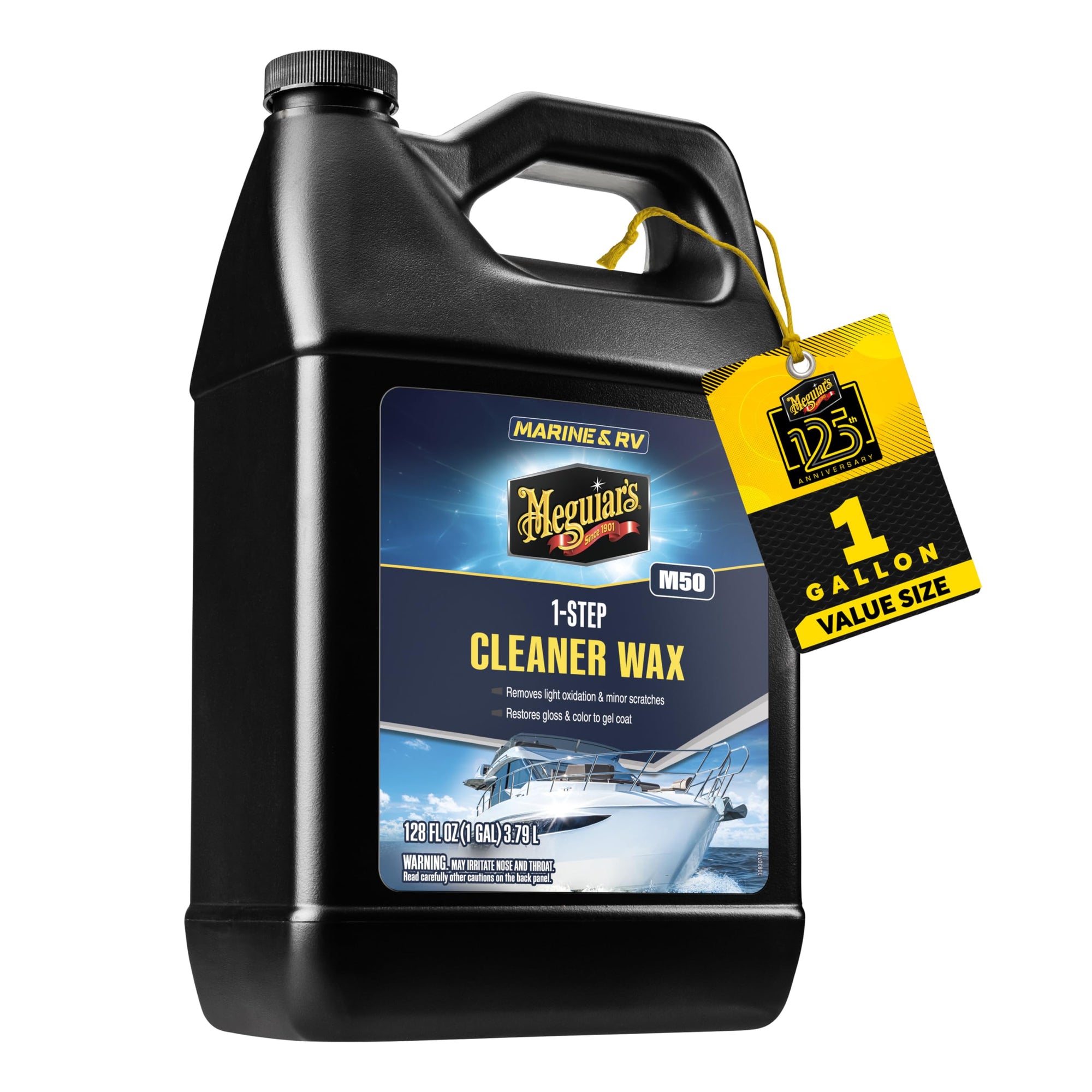 Meguiar's Marine/RV One Step Cleaner Wax M5001, Easy-to-Use Marine Wax for Boats and RVs That Removes Light Defects, Restores Color Brilliance, and Protects the Surface, 1 Gallon Bottle