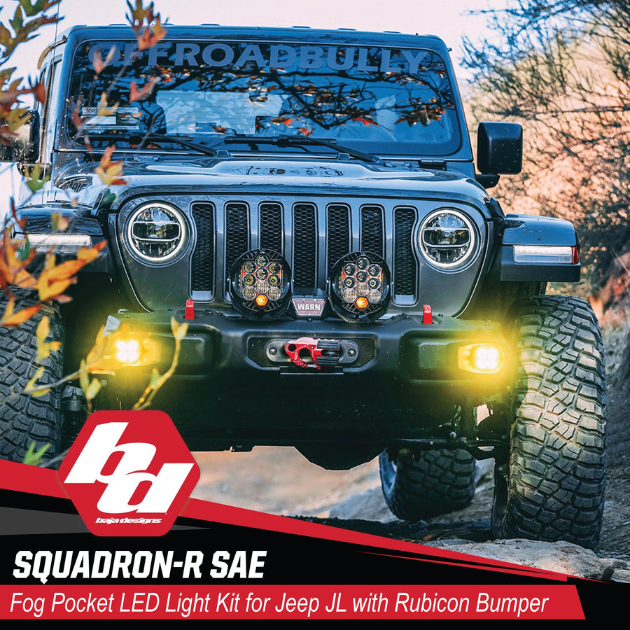 Baja Designs Fog Pocket Squadron-R SAE LED Light Kit fits Jeep Gladiator 2020-22; Wrangler JL 2018-22 OEM Rubicon Bumper (Wide Cornering; Clear)