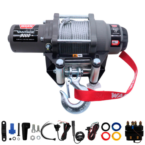 Vantage WARN 3000 12V DC ATV/UTV Winch - 3000 lb Pull Capacity, 50 Ft 3/16" Wire Rope, Roller Fairlead, Fully Sealed Motor, 3-Stage Planetary, Handlebar Mini Rocker & Corded Remote (108213)