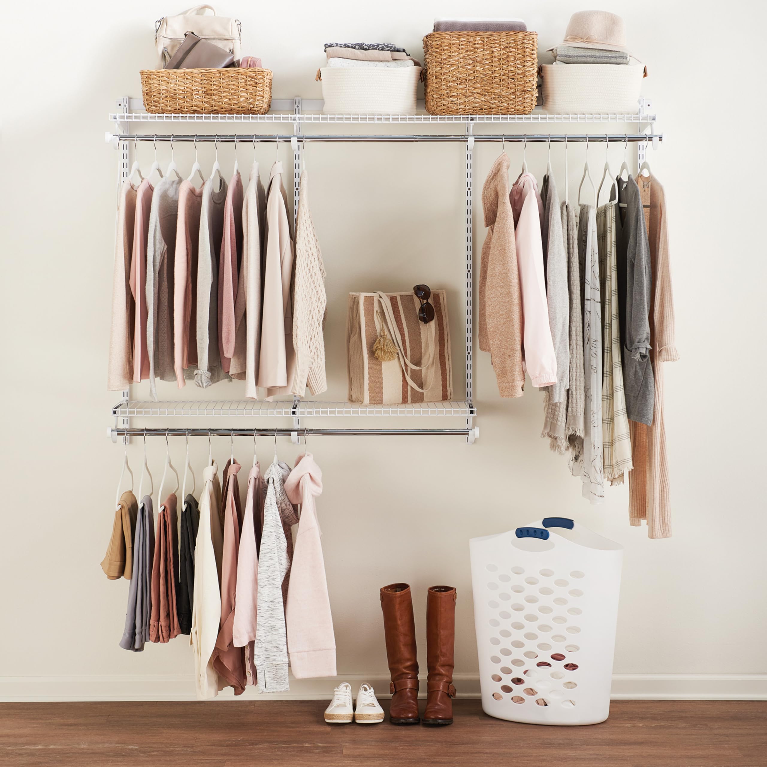 Rubbermaid Custom Closet Kit Configurations 3-6 Ft. Adjustable Metal Wire Shelving White Finish Expandable Organization System Hardware Included for Home Closet/Pantry/Laundry/Mudroom