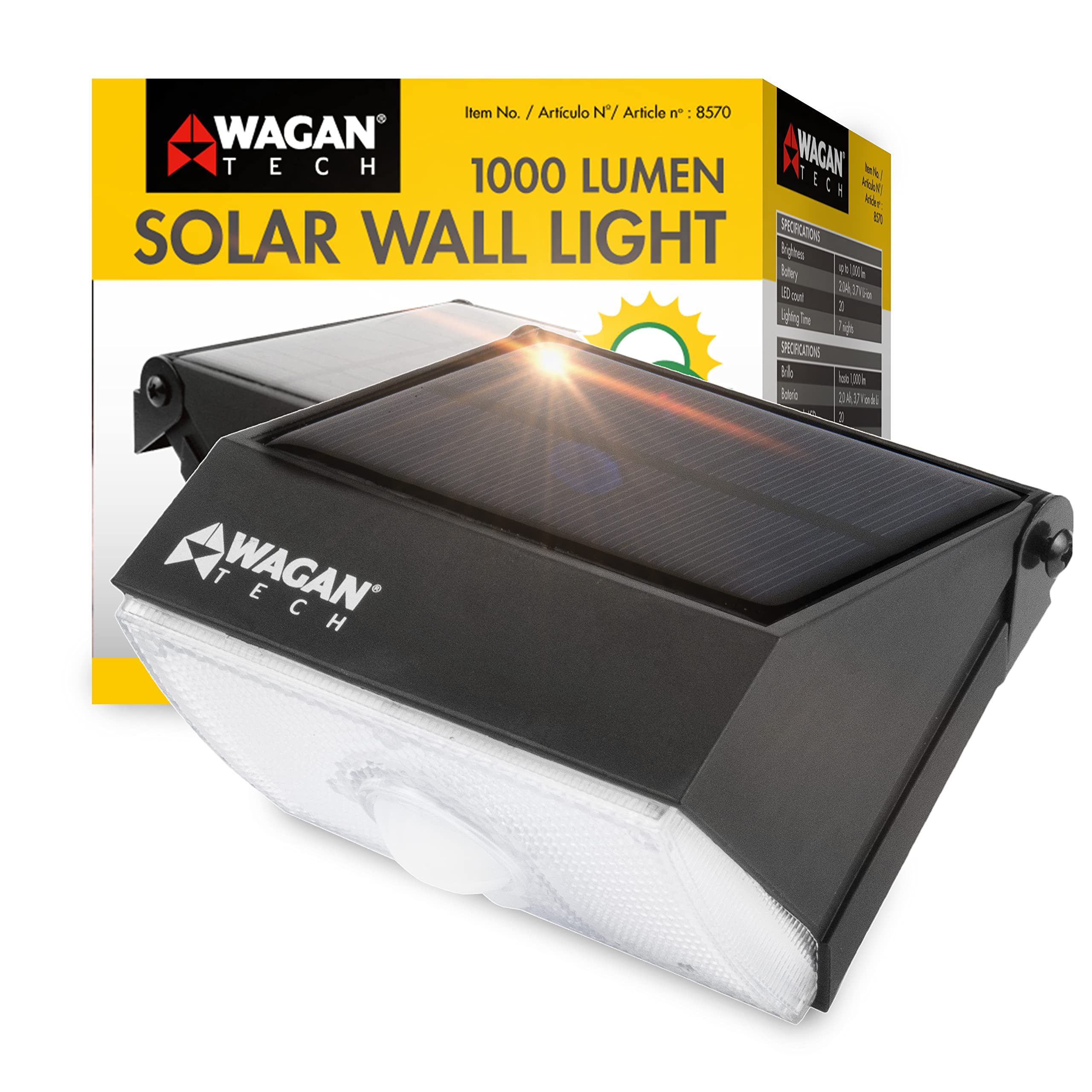 Wagan 1000 Lumens EL8570 Outdoor LED Solar Wall Light Waterproof Motion Detected Light, Black