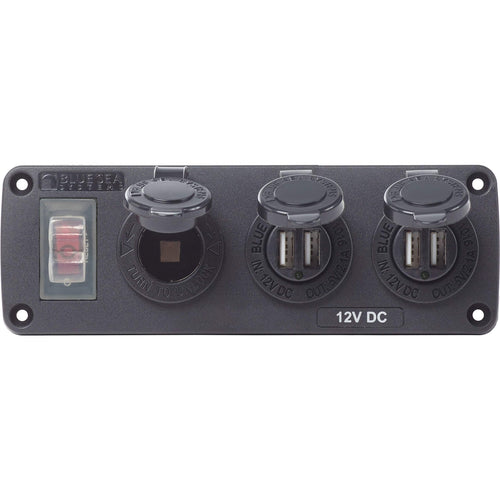 Water-Resistant Blue Sea Systems Accessory Panel - 15A Circuit Breaker, 12V Socket, 2X 2.1A Dual USB Chargers,Black