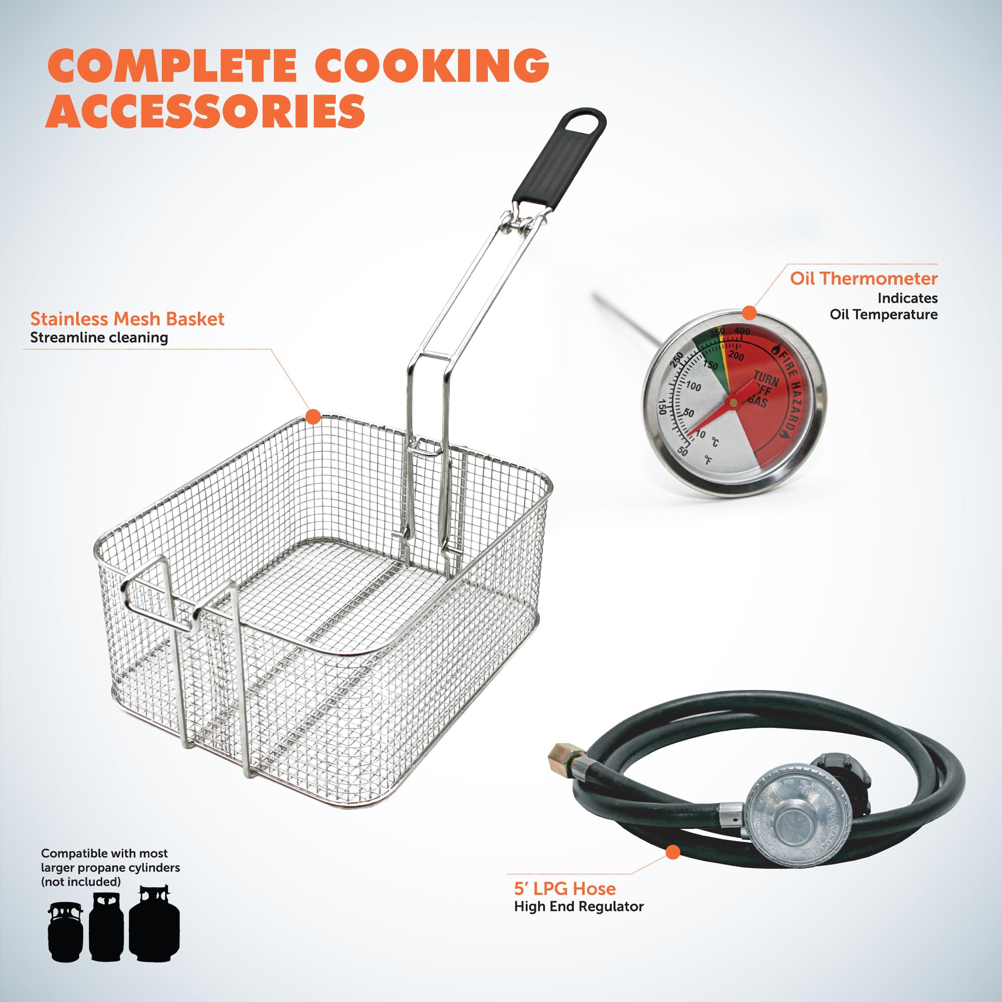 Proleo Flame King Tabletop Propane Deep Fryer with Oil Thermometer, 2.5 Gallons Capacity, with 5-FT Propane Regulator Hose