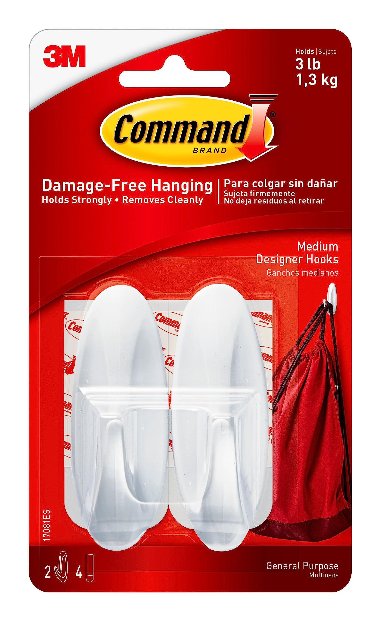 Command Designer Medium Hooks, 2 Hooks and 4 Strips, Damage-Free Hanging Wall Hooks with Adhesive Strips, Adhesive Hooks for Hanging Christmas Decorations, Holds up to 3 lb