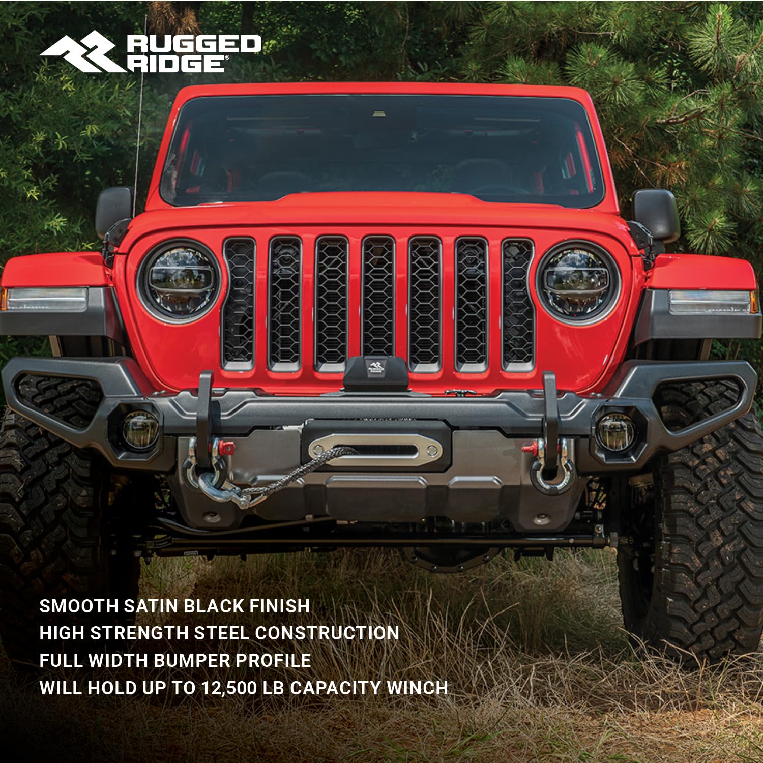 Venator Rugged Ridge Bumper, Front for Jeep Wrangler/Gladiator | Full Width w/Winch Tray, Steel, Black | 11549.42 | Fits 2018-2025 Jeep Wrangler JL; 2020-2025 Jeep Gladiator JT