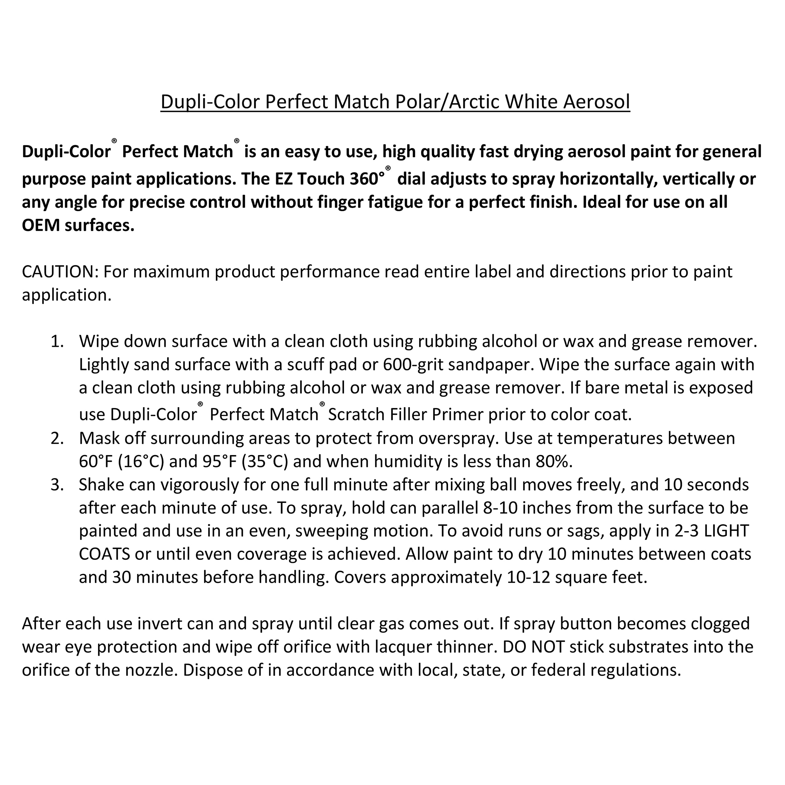 Perfect Match Dupli-Color Automotive Spray Paint – General Motors Arctic White, 10 WA9567 – 8 oz. Aerosol Can