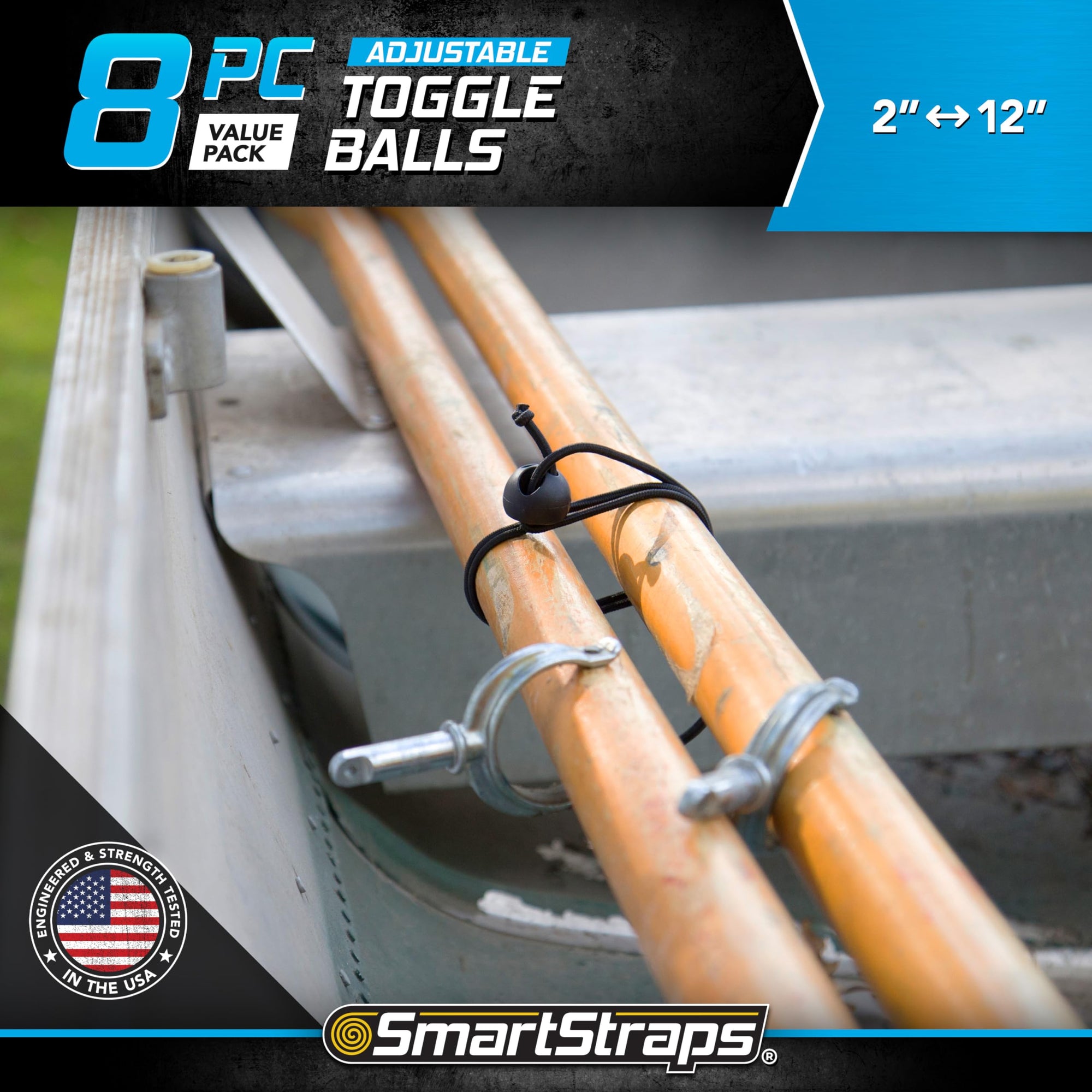 Adjustable SmartStraps Toggle Ball Bungee Cord, Adjust Tension And Length From 2-12” – Great To Keep In Your Car, Boat And Workshop (pack of 8)