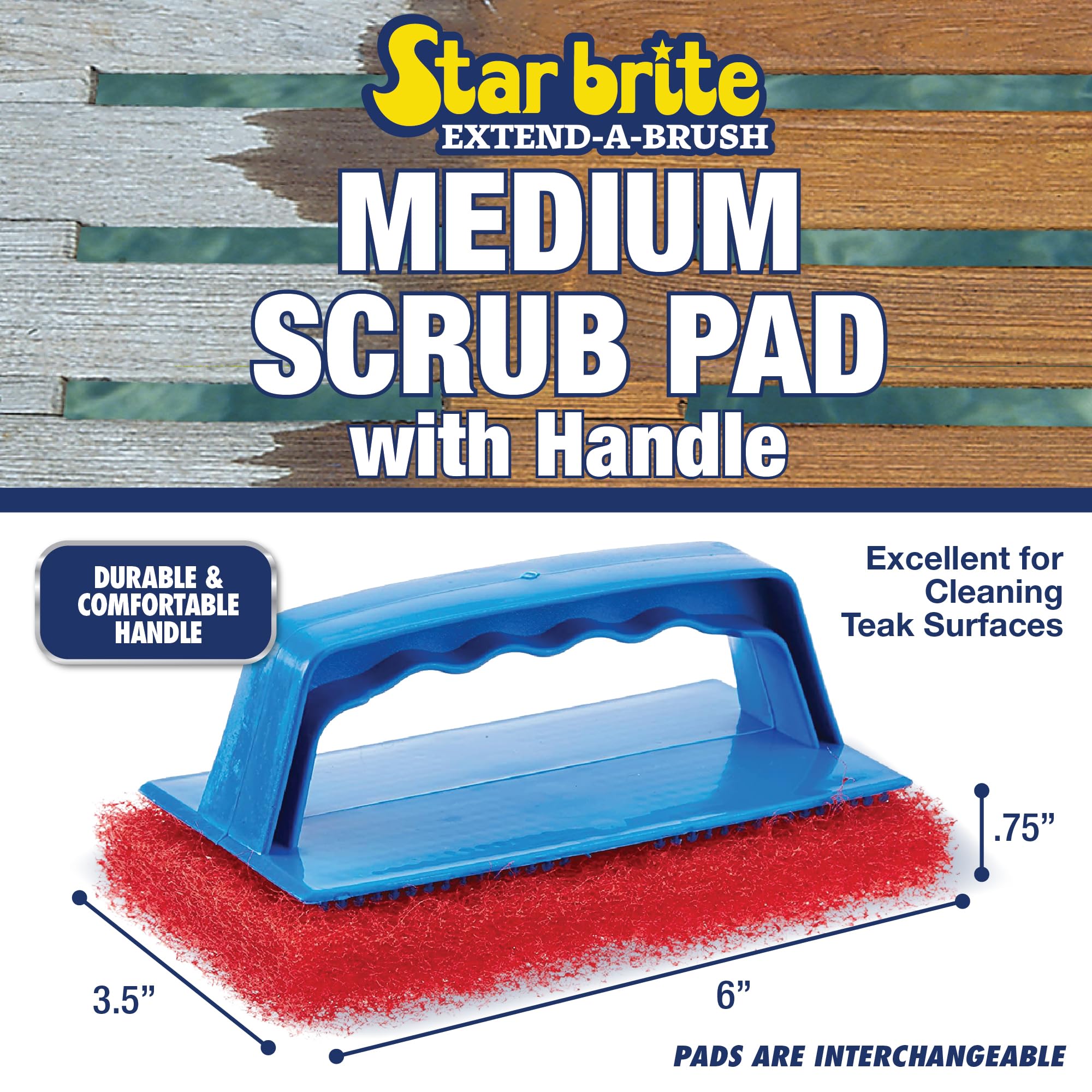 Medium Red Scrub Pad STAR BRITE with Interchangeable Handle - Versatile Cleaning for Most Tasks Including Aluminum Restoration, Teak & Fine Wood Cleaning (Red) Medium (040130)