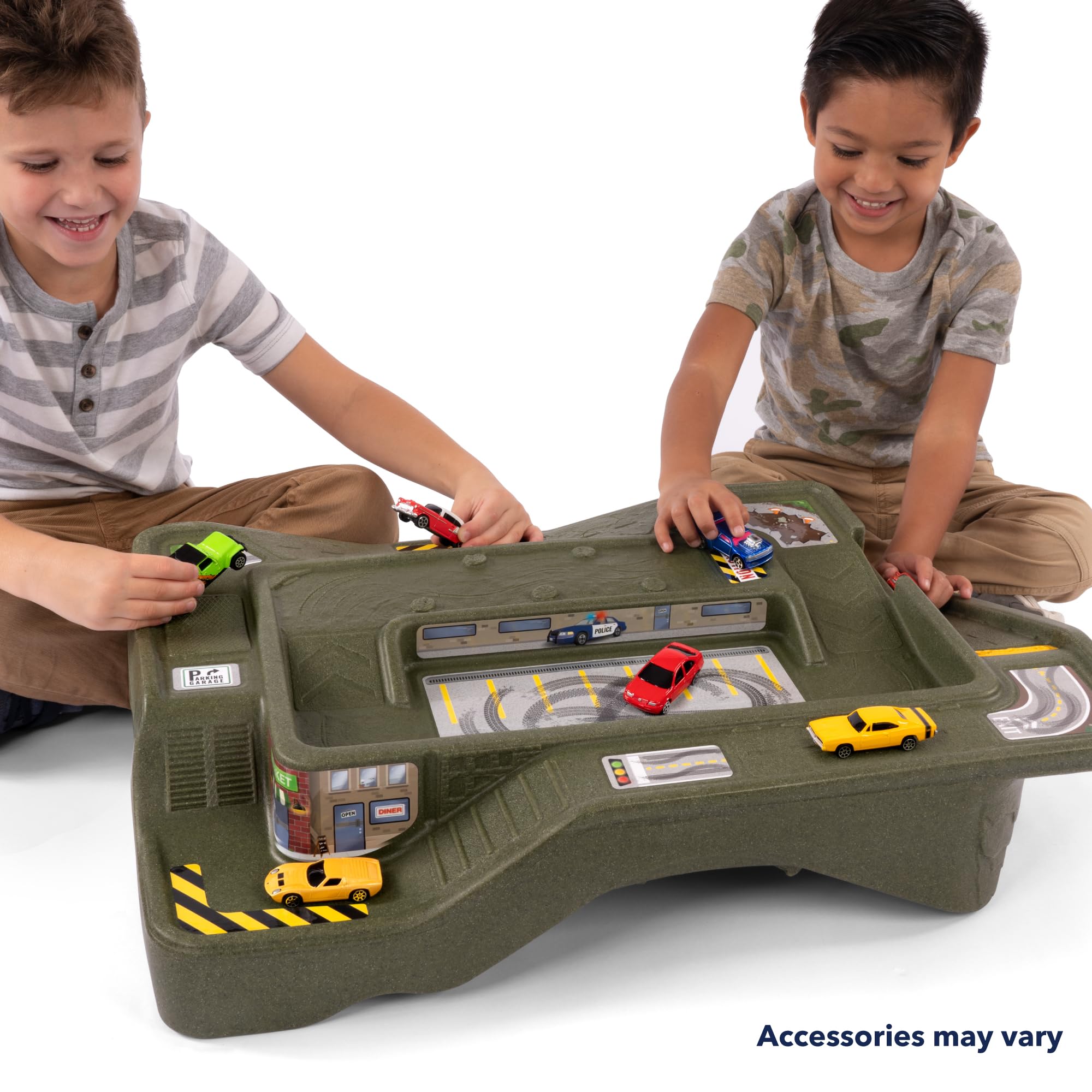 Simplay3 Extreme Wheels Monster City Car Race Track Table - 2 Sided Portable Kids Play Table with 2 Race Trucks - Green - Made in USA