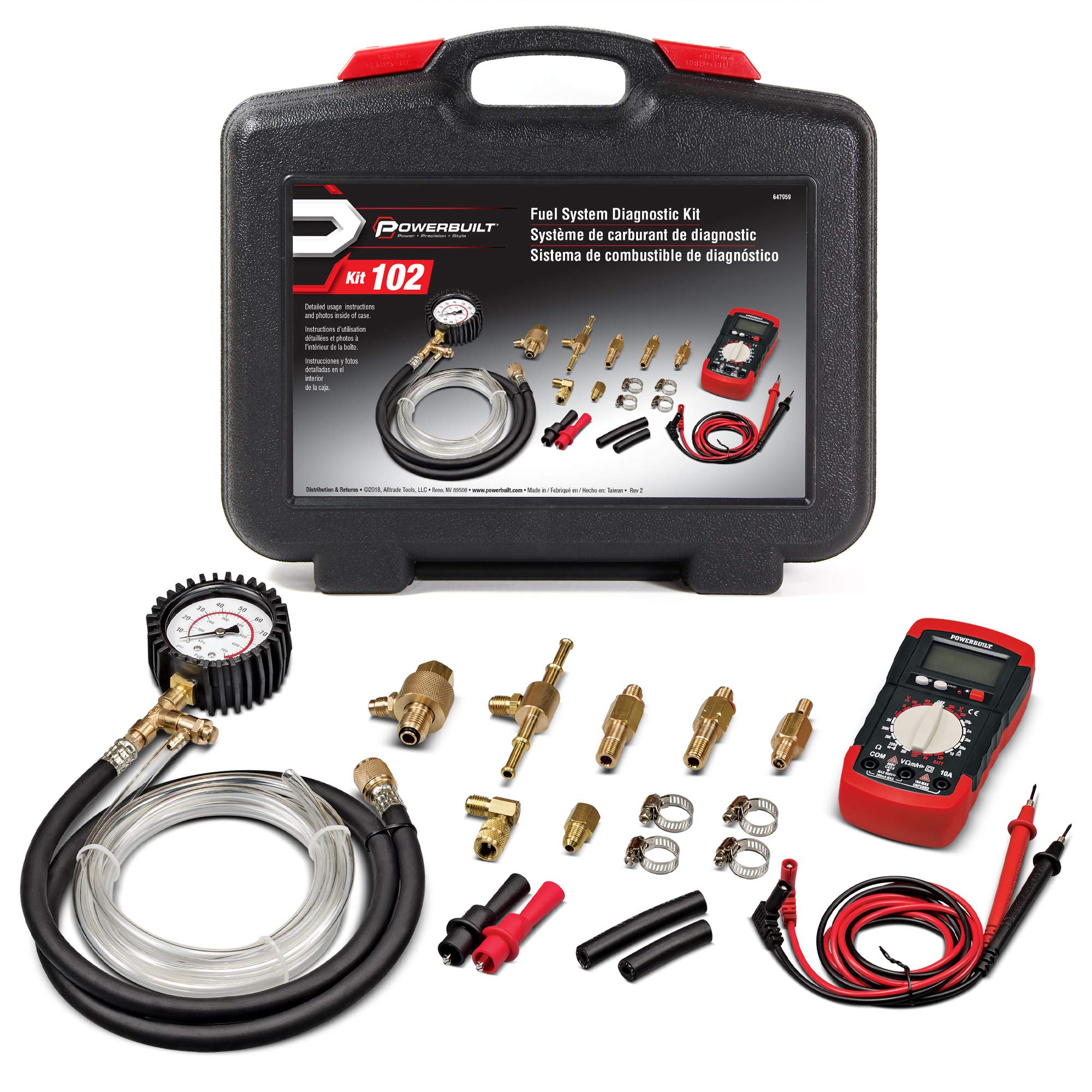 Powerbuilt Diagnostic Kit Fuel System, Pressure Test Gauge, Electrical Issues, Adapters, Test Leads, Multimeter, Storage Case - 647959