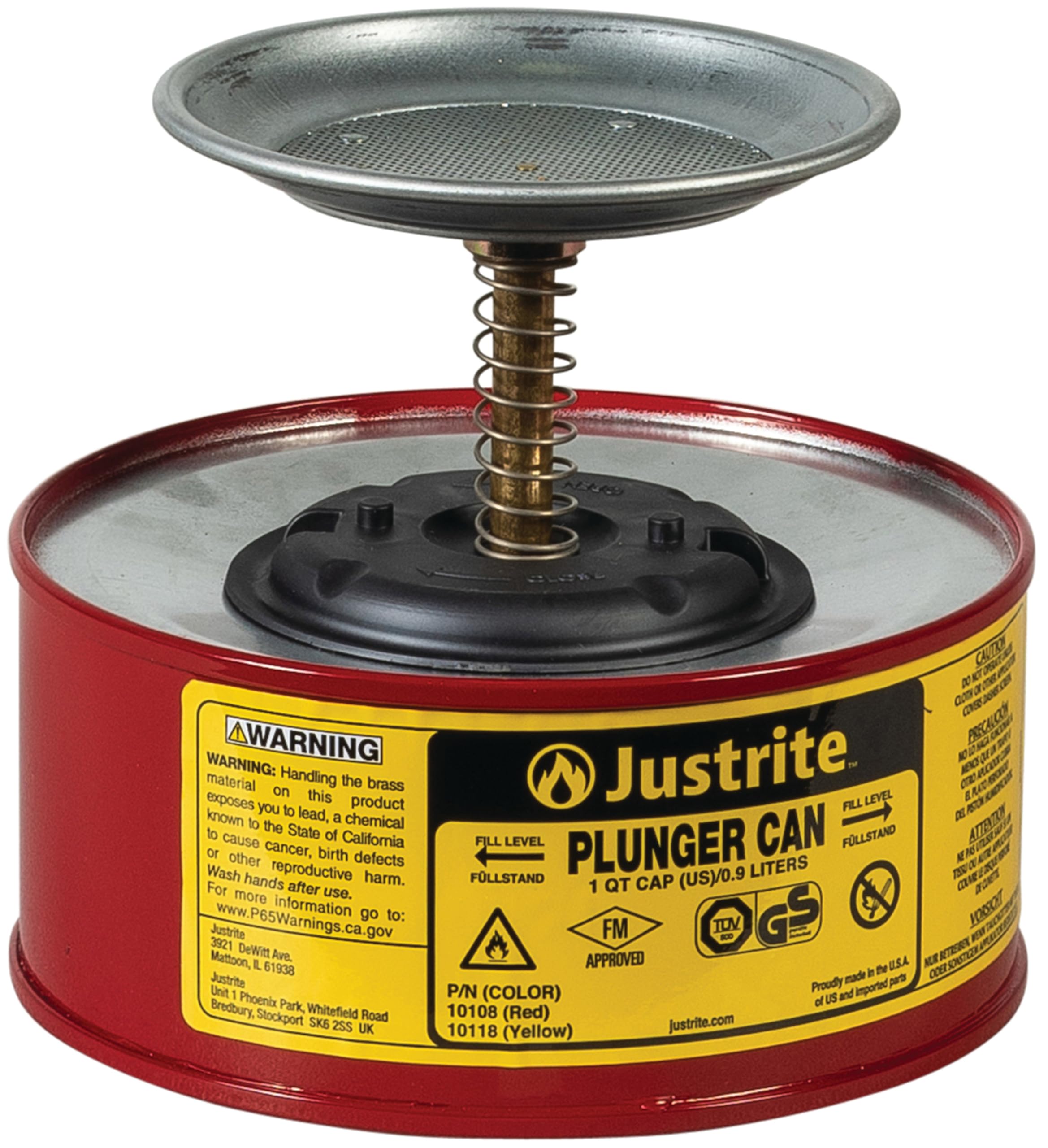 Justrite Solvent Plunger Can for, 1 Quart Capacity, 5.6" x 7.25" Steel Push-Down Dispenser Can, Made in the USA Industrial Mechanic Tools, Red, 10108