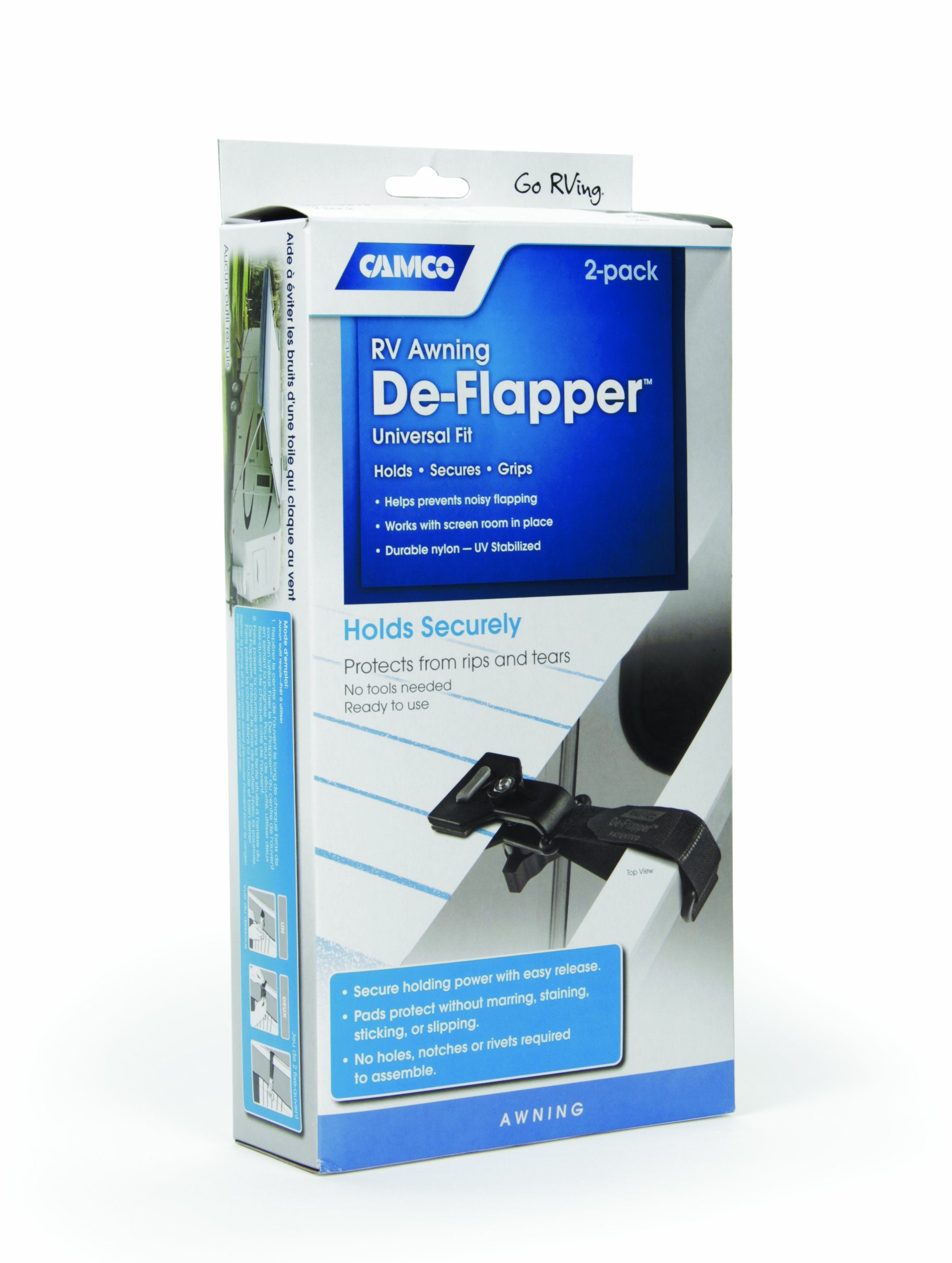 RV Awning De-Flapper Camco | Features a 2-Inch Wide Clamp with Soft Grippers, a Durable Nylon Design, and a 13-Inch Strap Length | 2-Pack (42061)