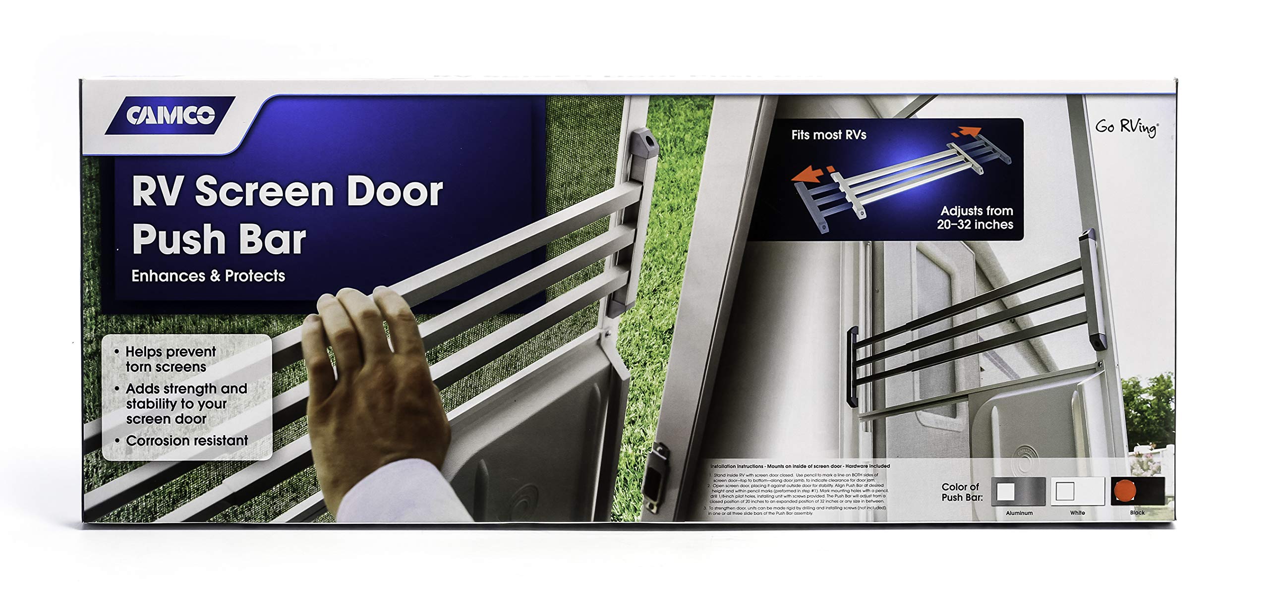 RV Screen Door Push Bar Camco 43976, Black - Strength and Stability Adds to Your Screen Door - Prevents Torn Screens