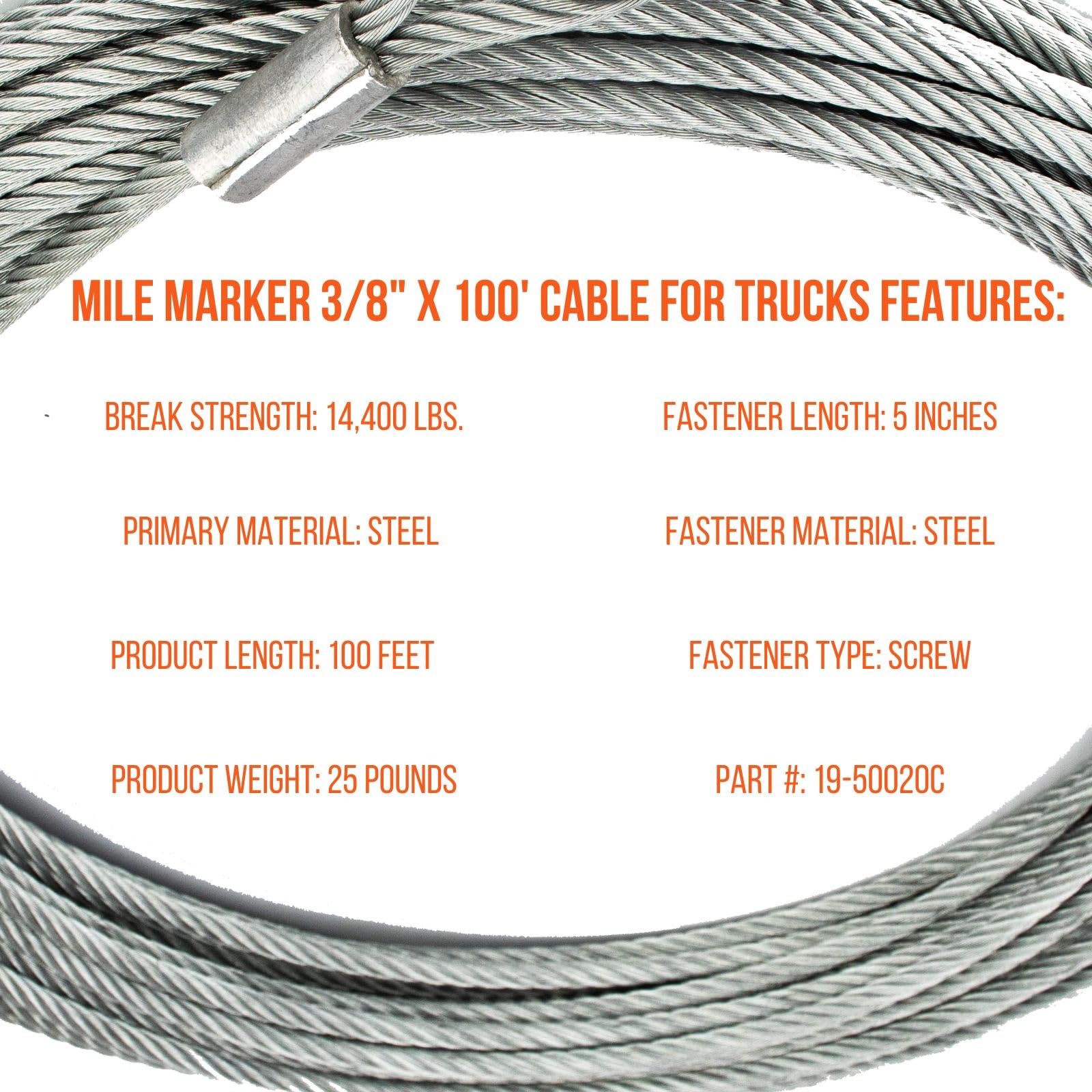 Mile Marker Single 3/8” x 100’ Replacement Steel Cable with Removable Hook for Trucks - 19-50020C for Winches 9,500 to 12,000 lbs. - Engineered for Durability & Convenience