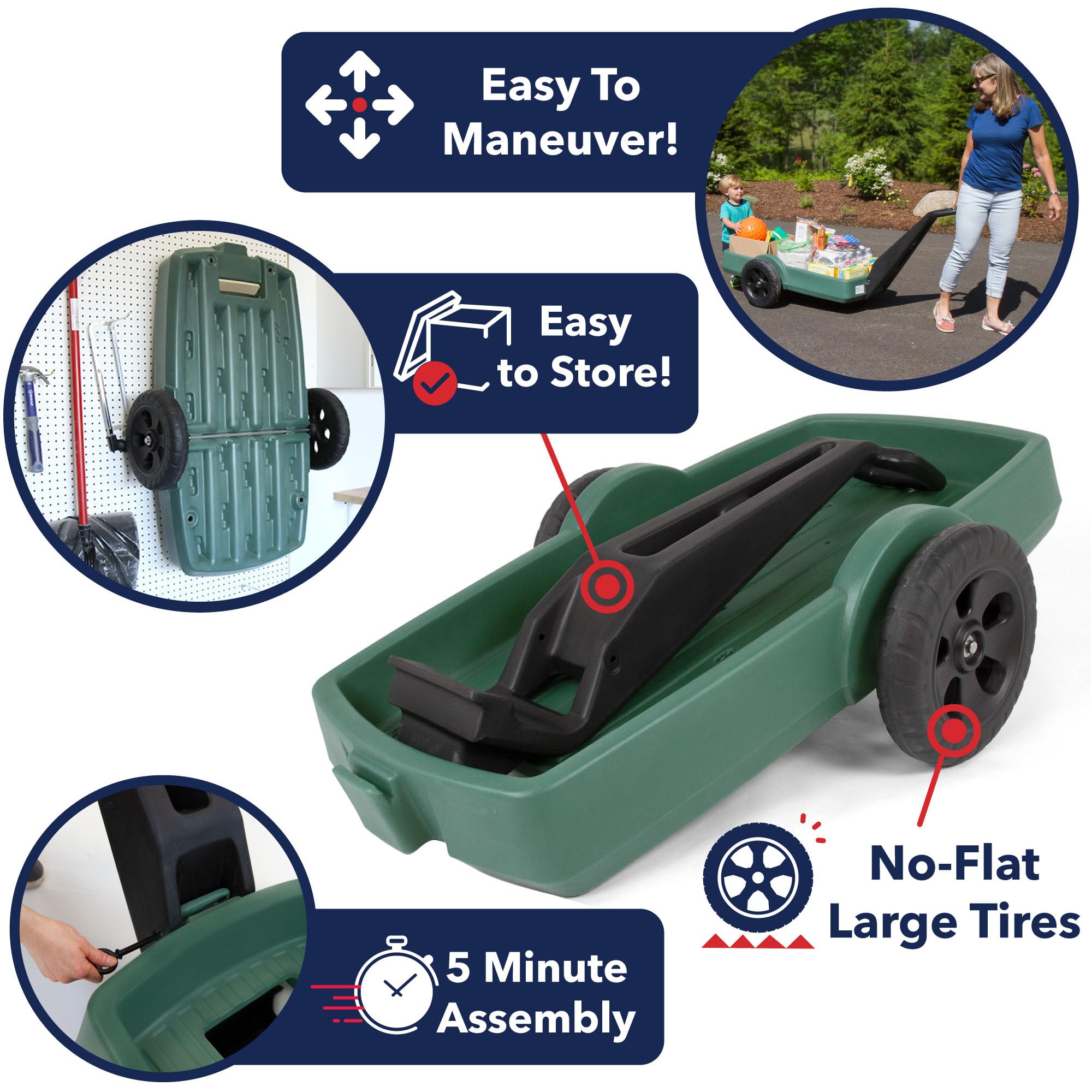 Simplay3 Outdoor Cart Yard and Garden - Long Handle Easy Turn 2 Wheel Heavy Duty Plastic Pull Cart for The Backyard 42 in. x 20 in. x 4 in. Bed, Green