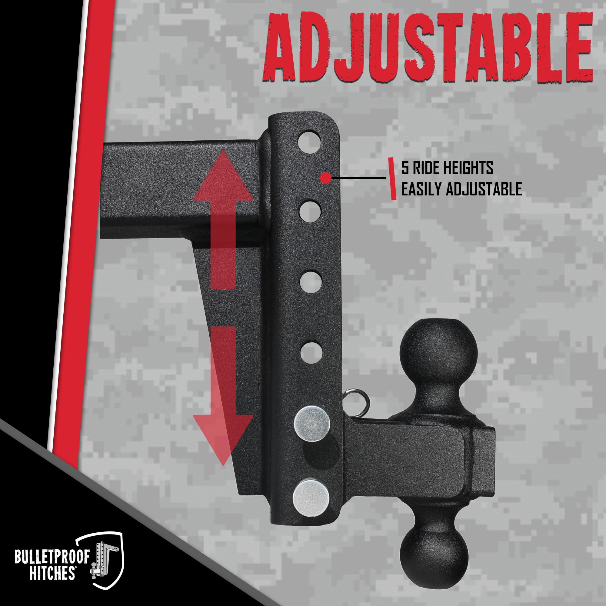 2.5" BulletProof Hitches Adjustable Medium Duty Trailer Hitch (14,000 lb. Rating) - 6" Drop/Rise Trailer Hitch with 2" & 2-5/16" Dual Ball - Powder Coat, Box Steel, Corrosion-Resistant