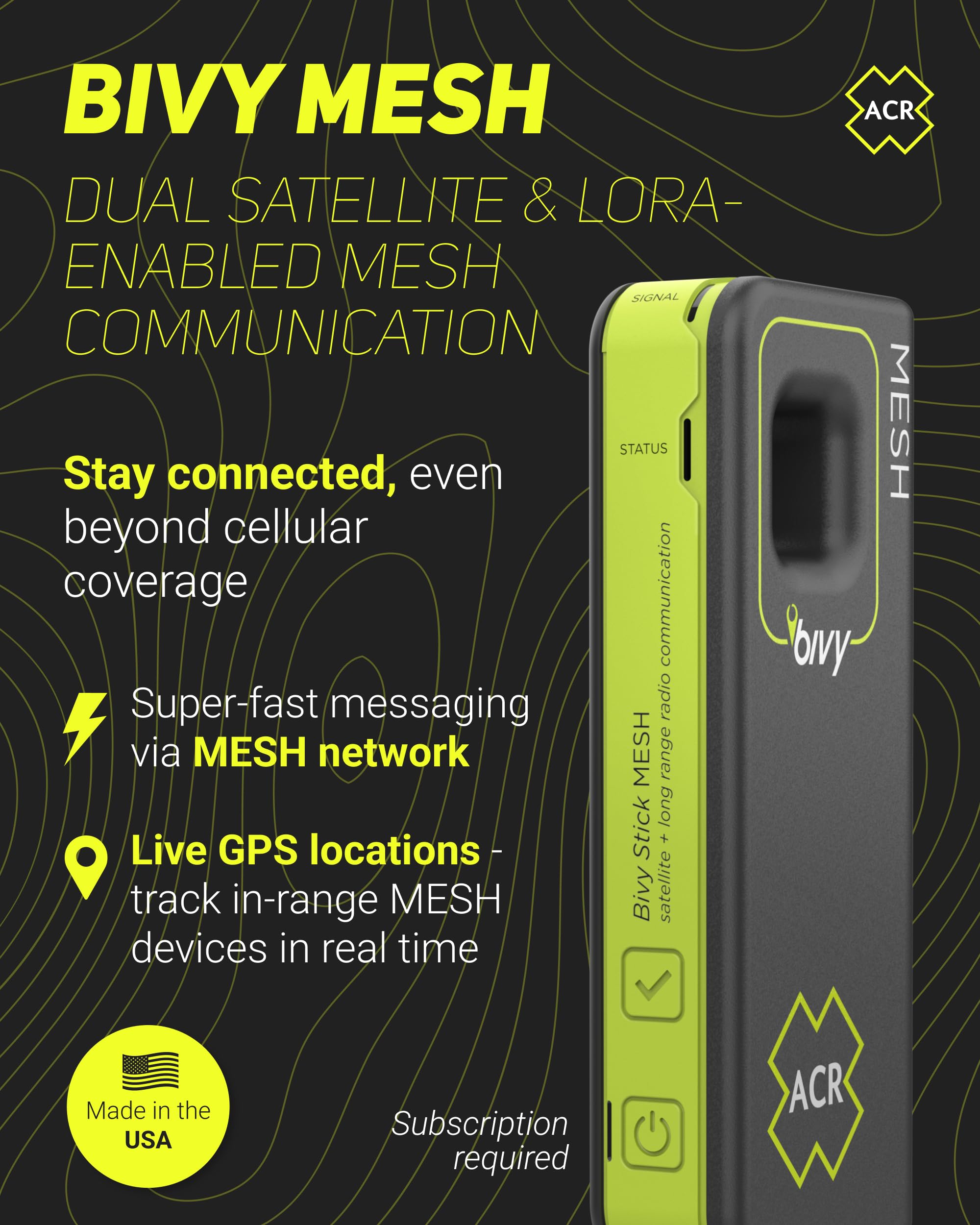 Bivy Stick MESH ACR Satellite Communicator - Dual-Mode LoRa®-Enabled Mesh & Global Iridium Coverage, Two-Way SMS, GPS Tracker, Group Messaging, SOS Emergency with 24hr Reserve Battery - iOS/Android