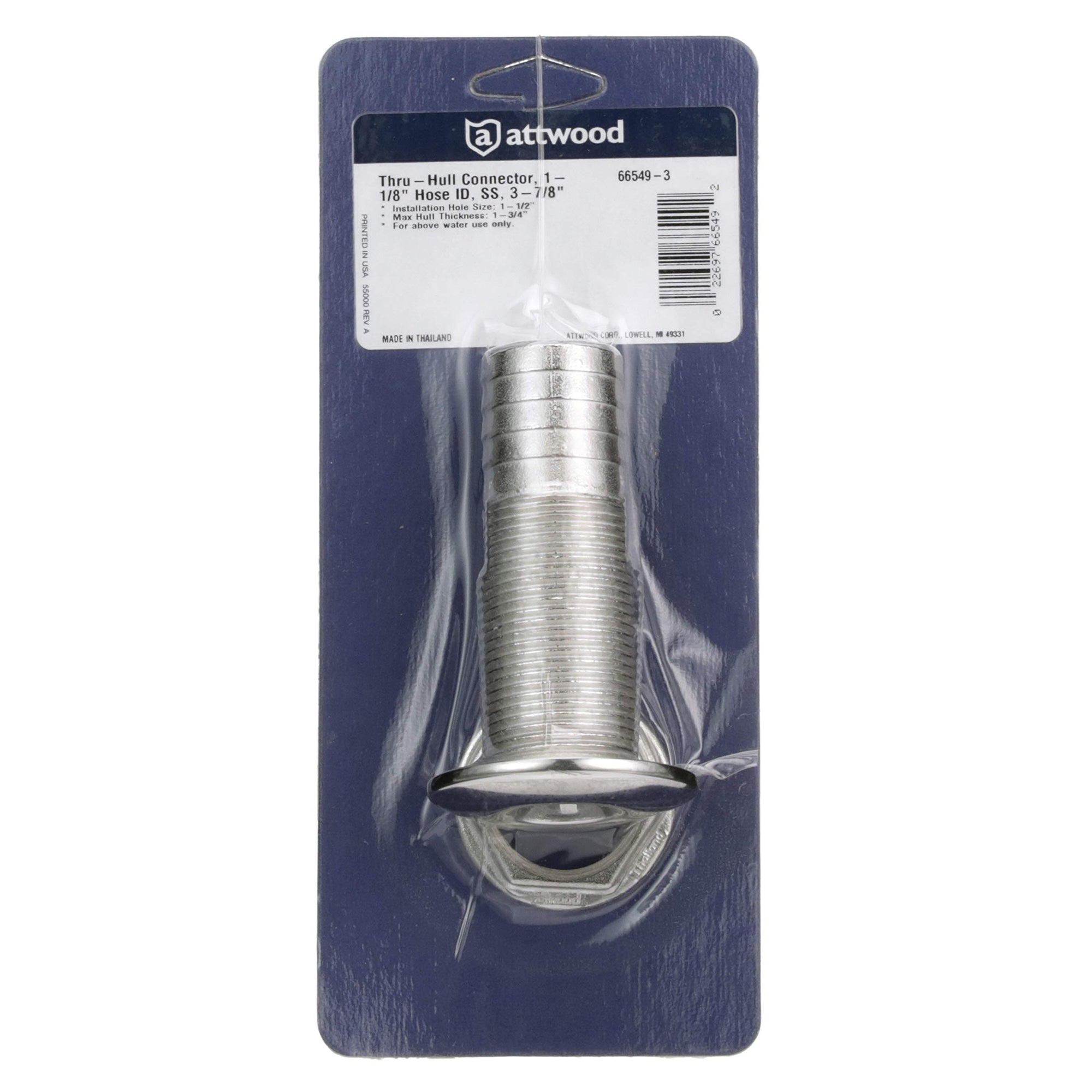 Stainless Steel Attwood 66549-3 Barbed Standard Length Straight Thru-Hull, 1 1/8-Inch