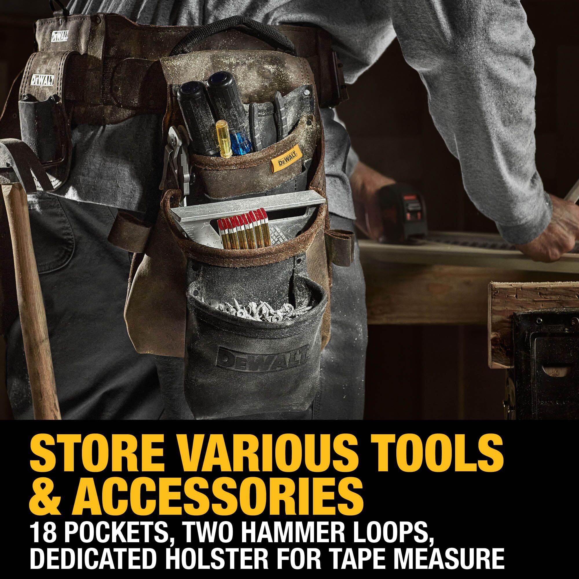 Leather DEWALT Tool Belt Organizer with 18 Pockets, Heavy Duty Construction (DWST550113)