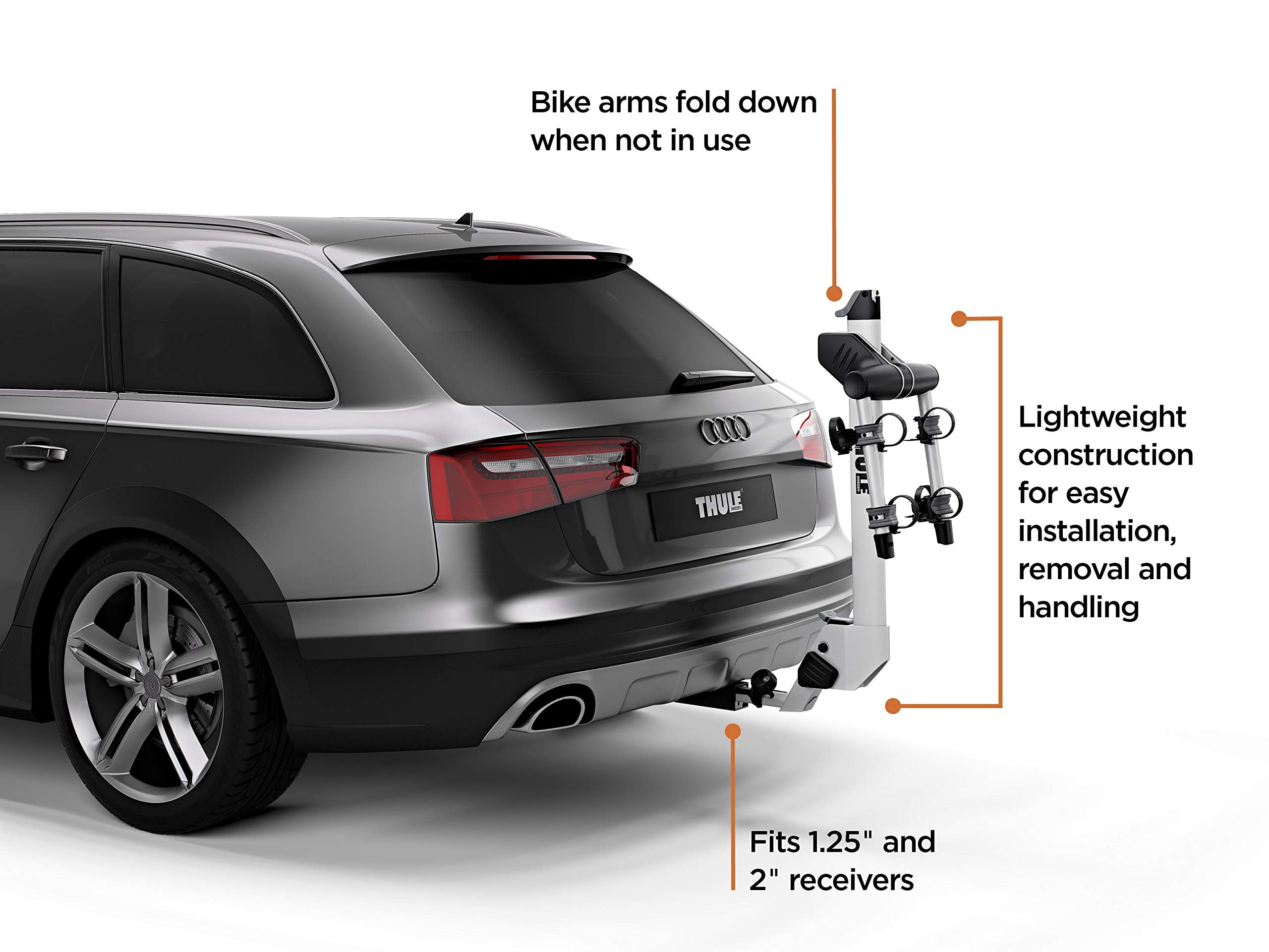 Thule Hanging Helium Pro Bike Rack - Carries 2 Bikes - Lightweight Hitch Bike Rack - Fits 2" and 1.25" receivers - Quick Tool-Free Installation - Tilts for Trunk Access - 75lb Load Capacity