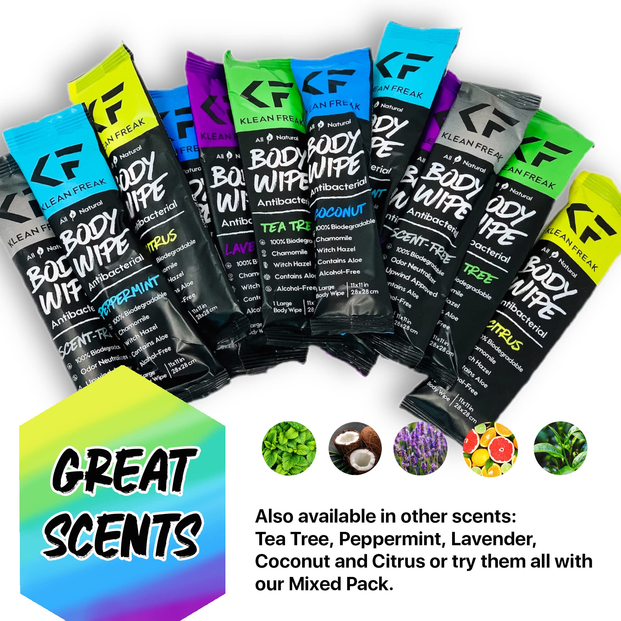 The Body Wipes Klean Freak - 12 count Individually Wrapped | Showerless Body Wipe for Women & Men | Sustainable Bodywipes for Gym, Travel, Camping | Mixed
