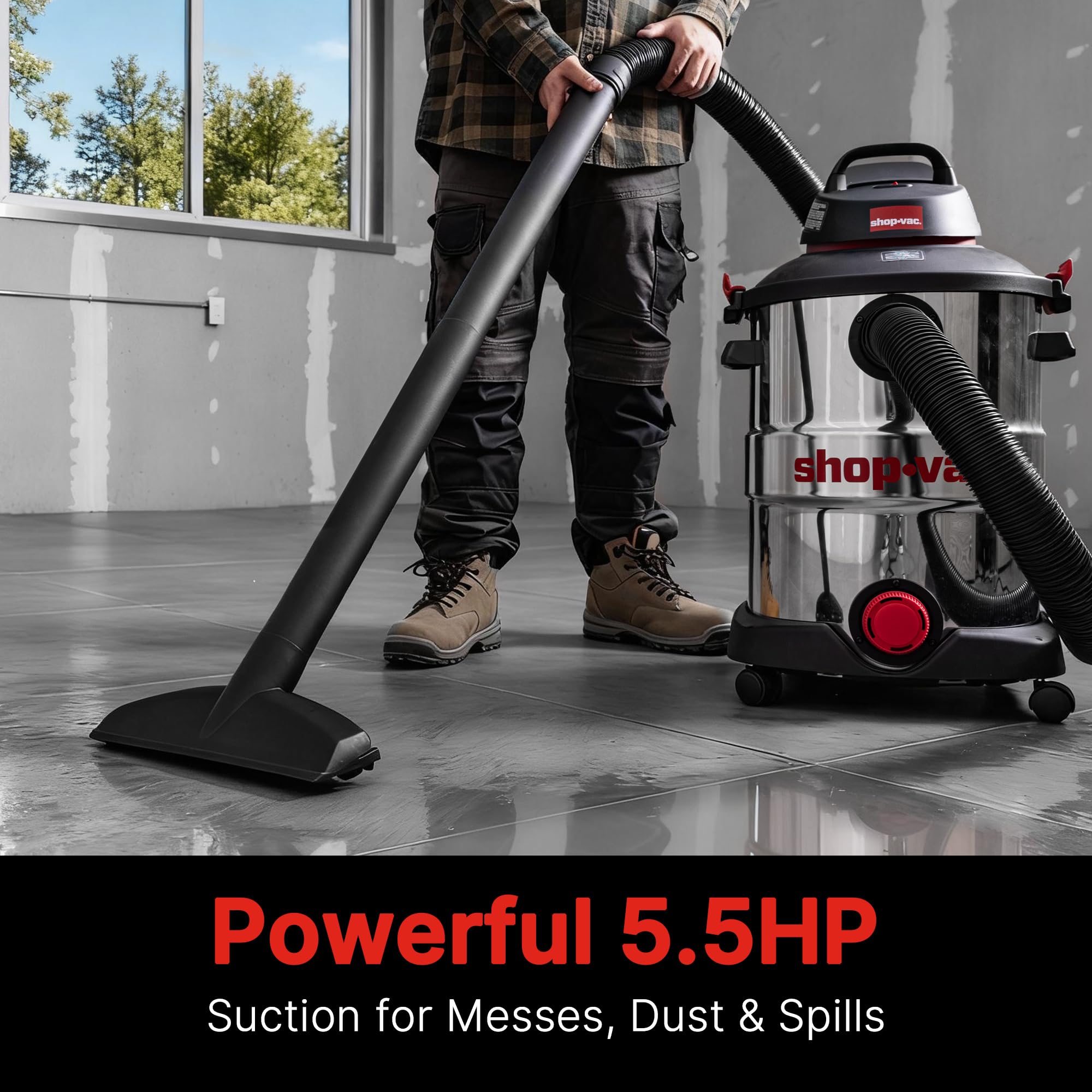 12 Gallon Shop-Vac Wet/Dry Vacuum, 5.5 Peak HP, SVX2 Motor, Stainless Steel Tank, 2.5 Inch Diameter x 8 Ft Hose, 20 Ft Cord, Blower Feature with Accessories