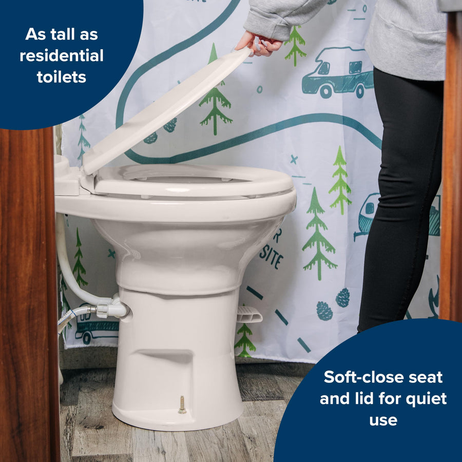 Camco Ceramic Premium Camper/RV Toilet - Features Gravity Flush System w/Convenient Foot Pedal - Full-Sized Ergonomic Design w/18" Chair Height - Soft-Close Wood Seat & Lid - Bone (41715)