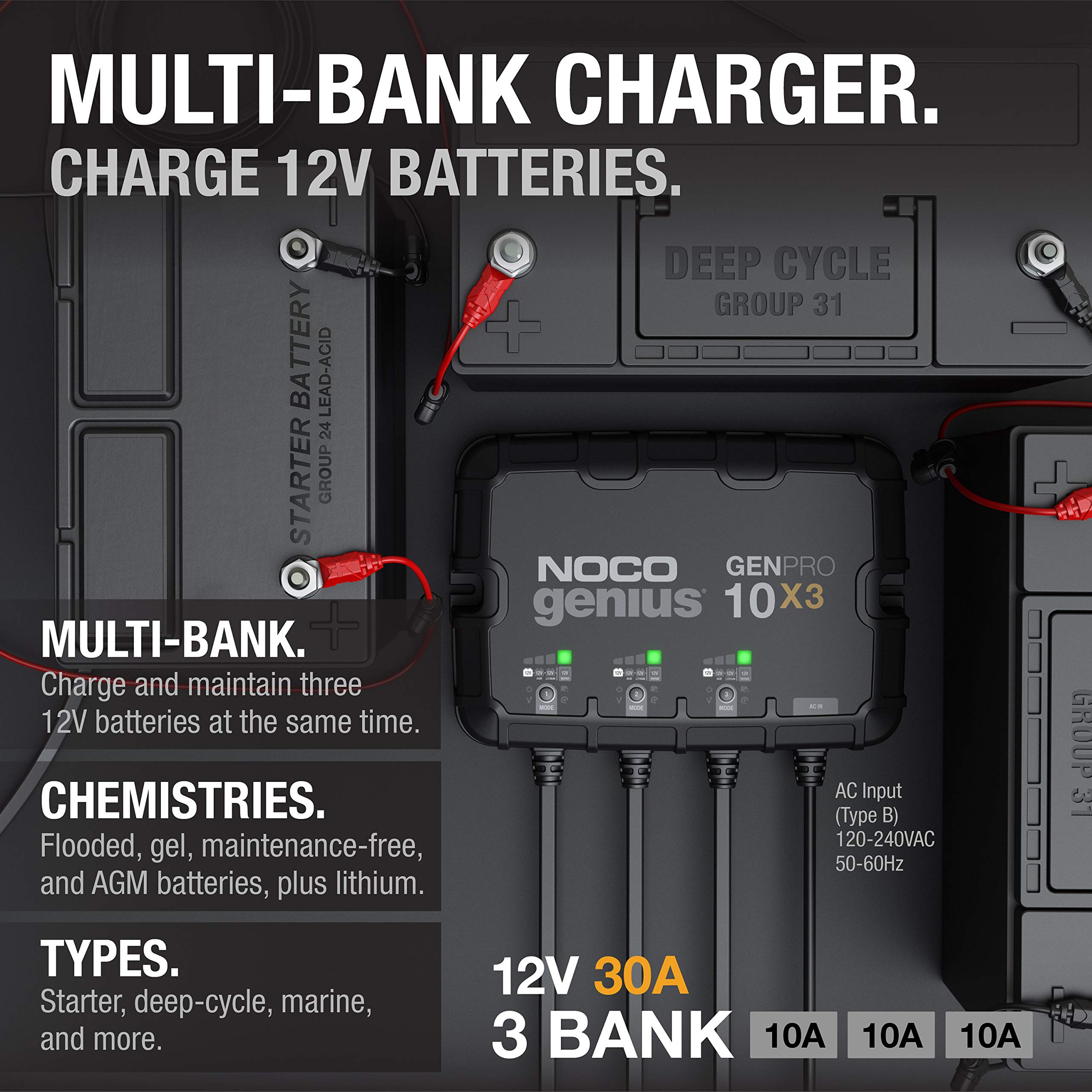 NOCO Genius 3-Bank GENPRO10X3, 30A (10A/Bank) Smart Marine Battery Charger, 12V Waterproof Onboard Boat Charger, Battery Maintainer and Desulfator for AGM, Lithium (LiFePO4) and Deep-Cycle Batteries