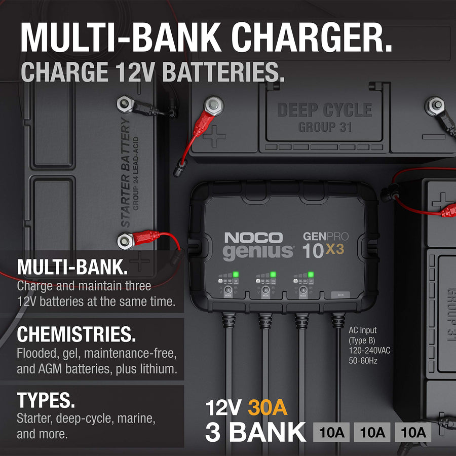 NOCO Genius 3-Bank GENPRO10X3, 30A (10A/Bank) Smart Marine Battery Charger, 12V Waterproof Onboard Boat Charger, Battery Maintainer and Desulfator for AGM, Lithium (LiFePO4) and Deep-Cycle Batteries