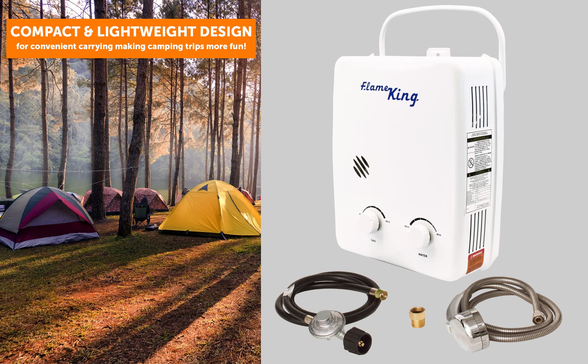 Flame King Portable Tankless Water Heater YSNAZ132 Propane Gas 5L 1.32GPM at 34,000 BTU, Outdoor Instant Hot Water Shower for RV, Camping, Farm, Cabins