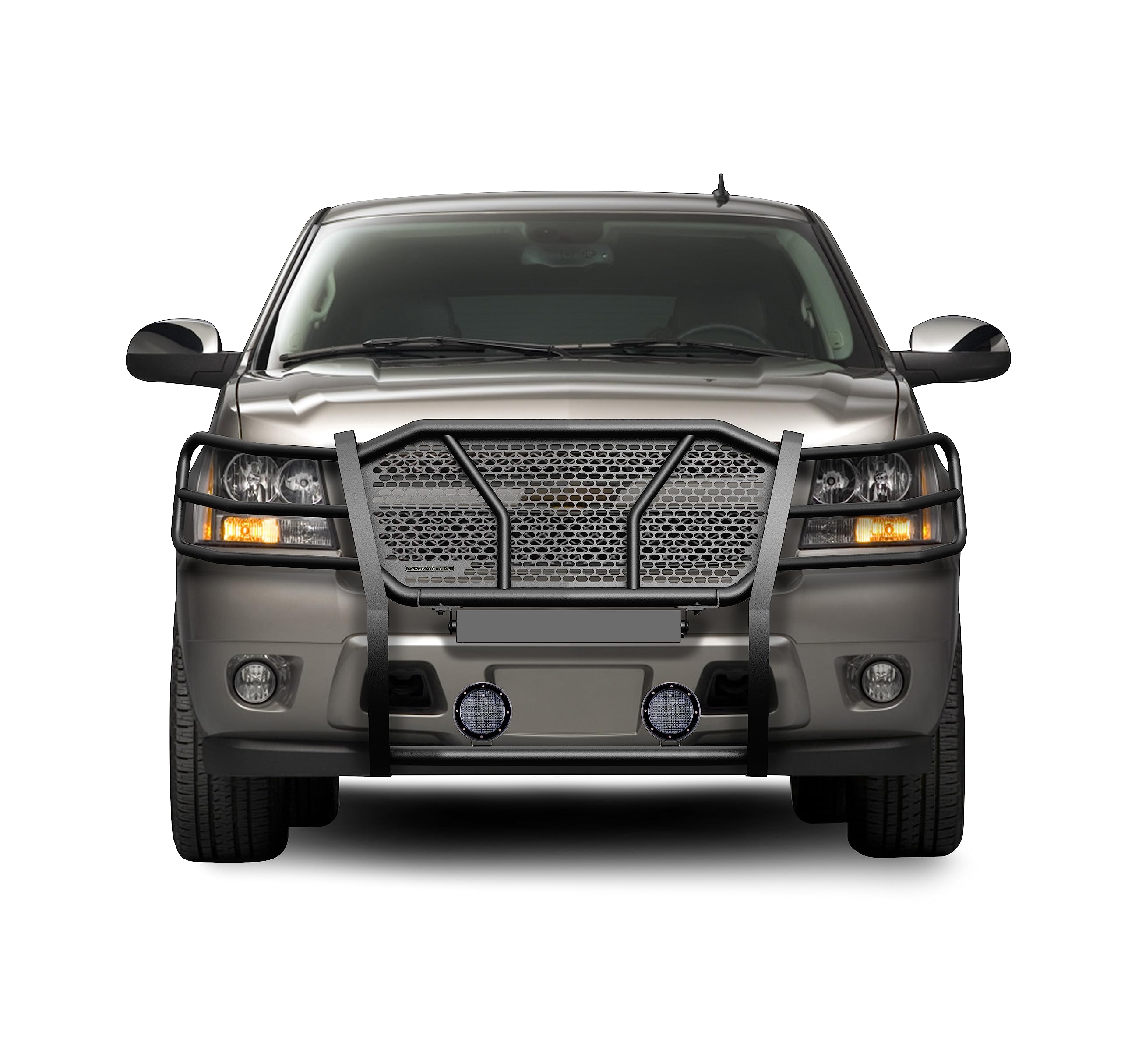 Heavy Duty Black Horse Rugged Grille Brush Bumper Guard Modular Black Come with Pair of 5.3" LED Lights Compatible with 2007-2014 Tahoe/Suburban 1500|2007-2013 Avalanche-RU-CHTA07-B-PLFB