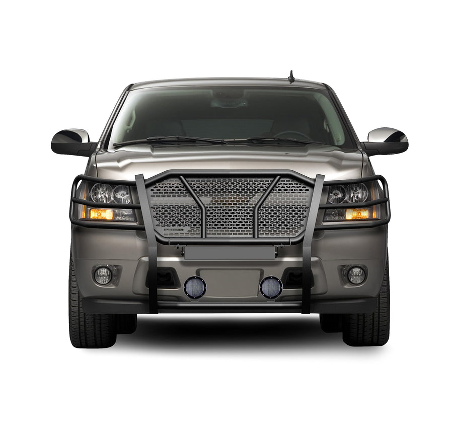 Heavy Duty Black Horse Rugged Grille Brush Bumper Guard Modular Black Come with Pair of 5.3" LED Lights Compatible with 2007-2014 Tahoe/Suburban 1500|2007-2013 Avalanche-RU-CHTA07-B-PLFB